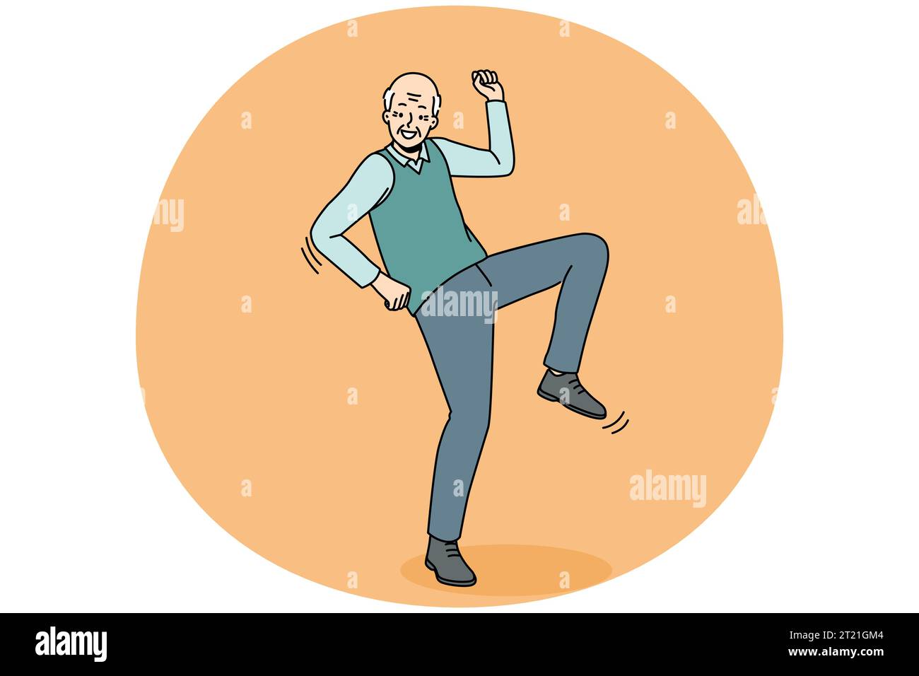 Happy elderly man have fun dancing. Smiling energetic old grandfather feel optimistic and positive moving. Healthy maturity. Vector illustration. Stock Vector