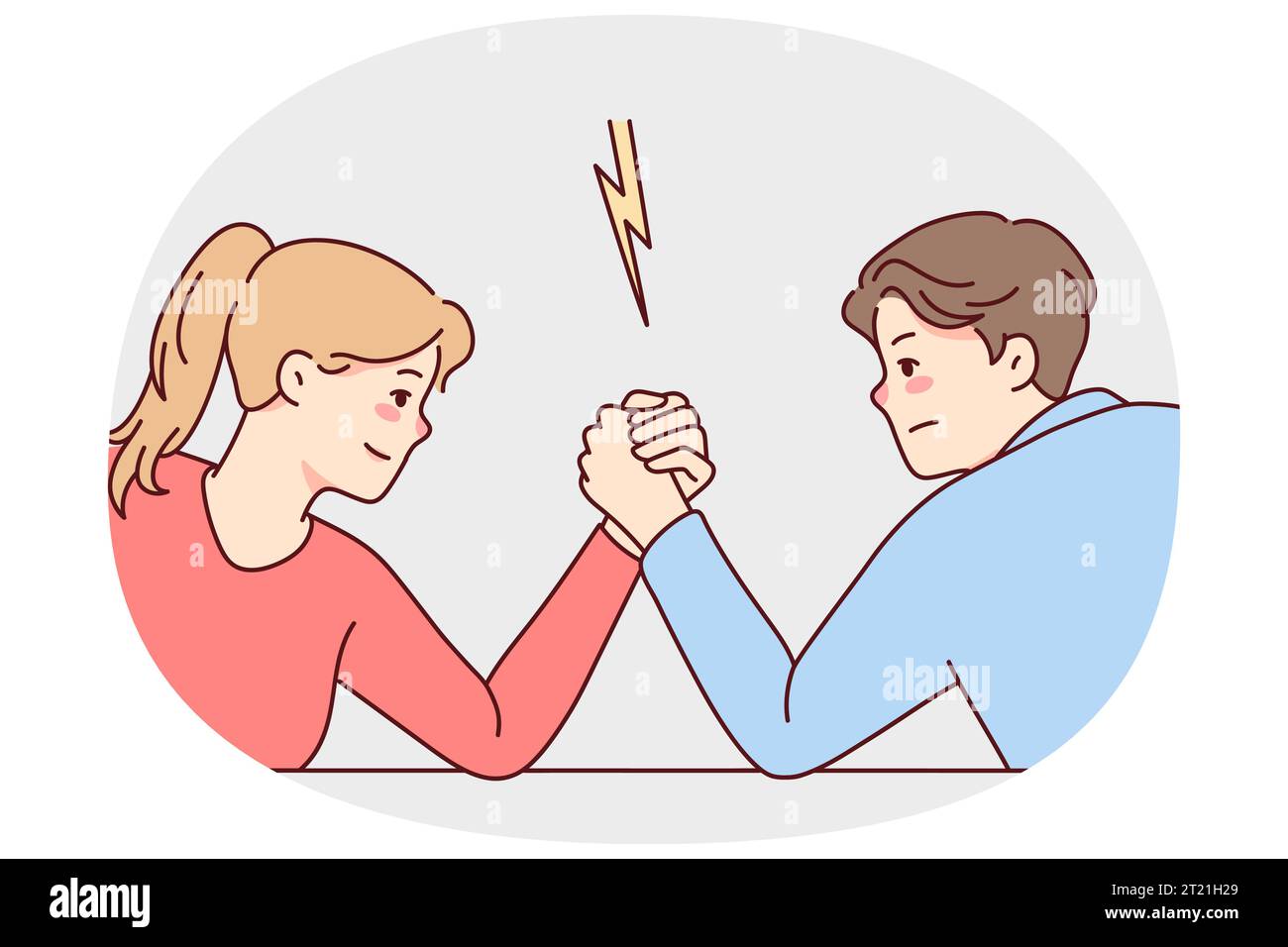 Man and woman arm wrestling decide leadership and dominance. Male and female cartoon characters demonstrate strength and power. Vector illustration. Stock Vector