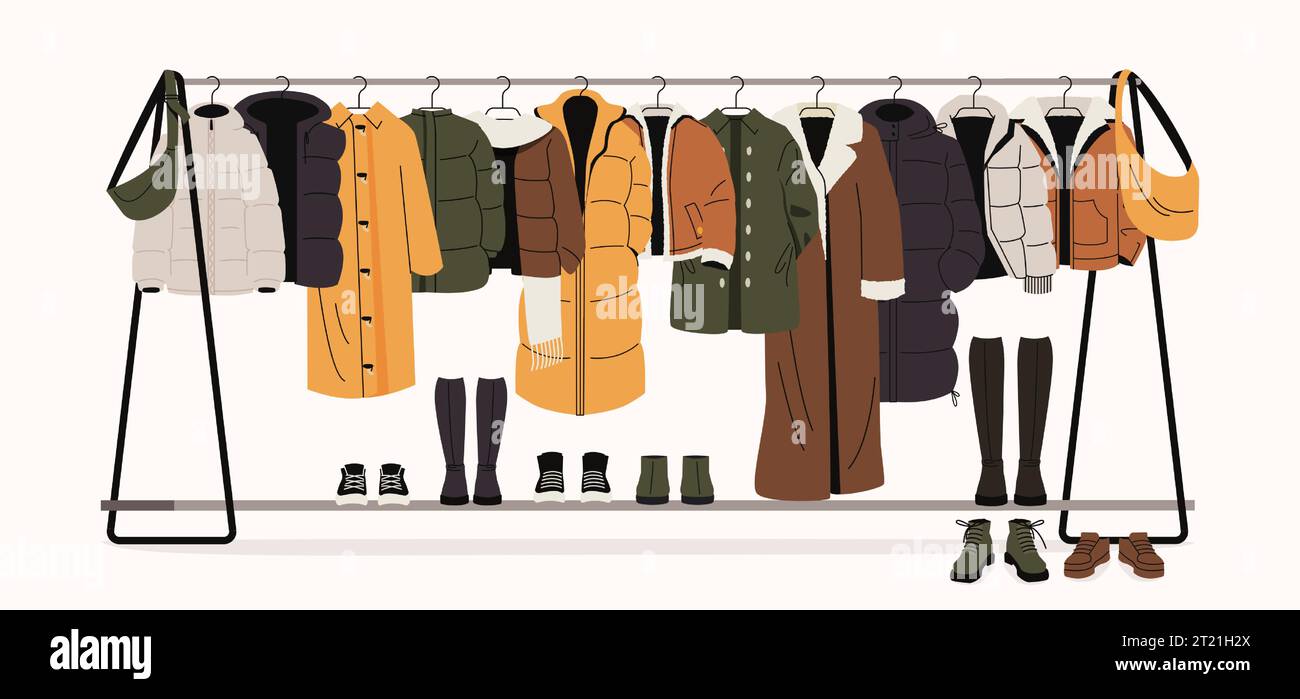Winter clothes on racks. Men and women fashionable outfits for autumn and spring, trendy fashionable store with variety of accessories. Vector cartoon Stock Vector