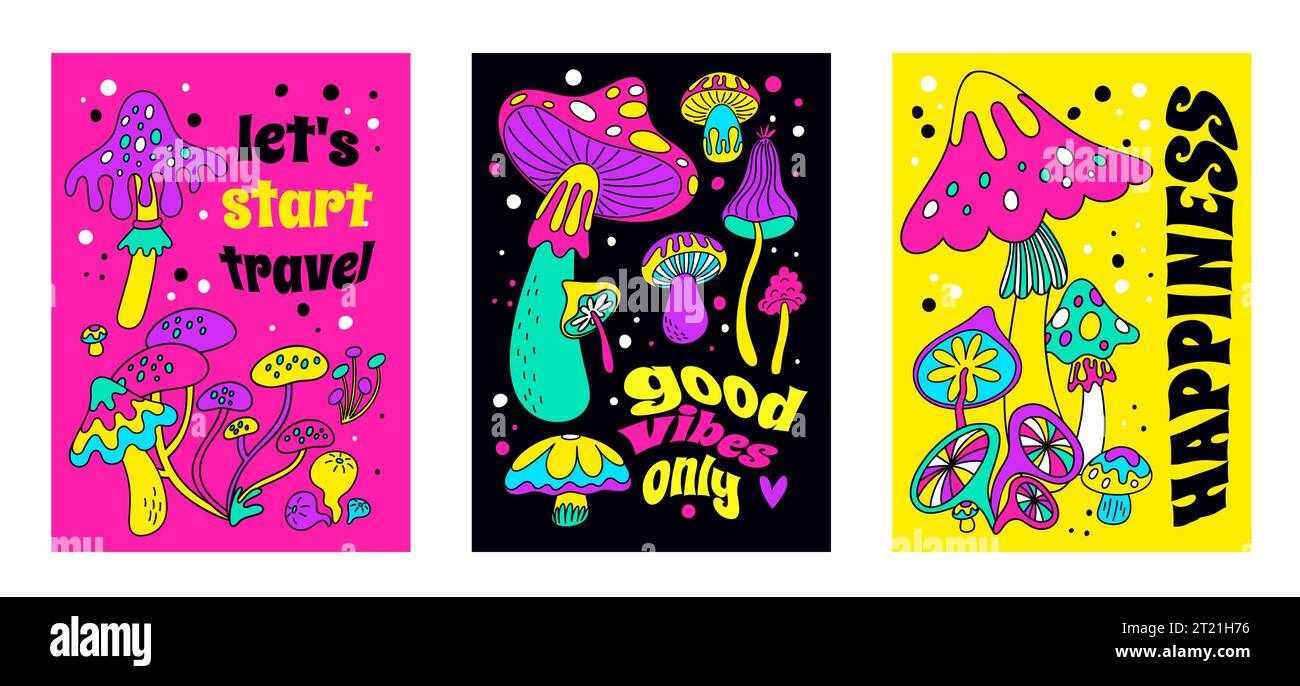 Hippie mushroom posters. Magic acid fungi. Psychedelic colorful objects. Bright fantasy plants. Groovy vintage element. Hallucination fungus Stock Vector