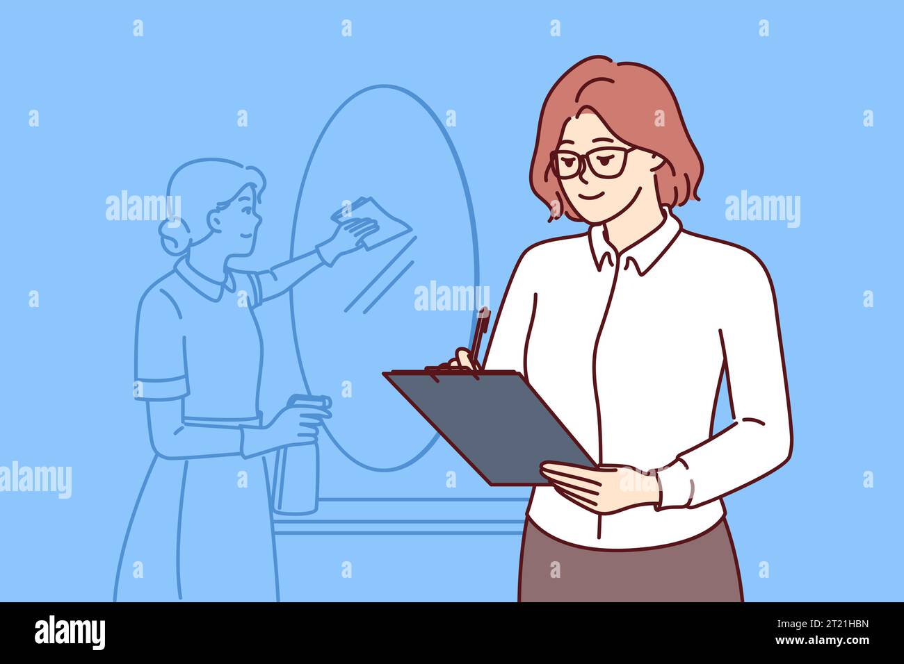 Housekeeping service supervisor woman holding clipboard supervising