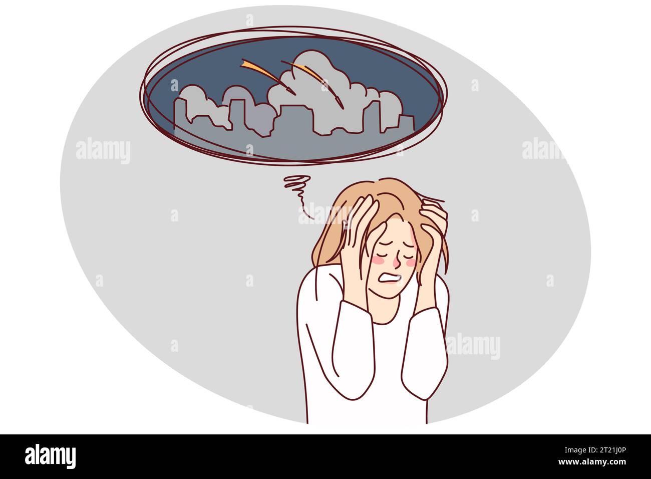 Unhappy woman worried about city bombings. Unhealthy stressed female think of war attack in town. Vector illustration. Stock Vector