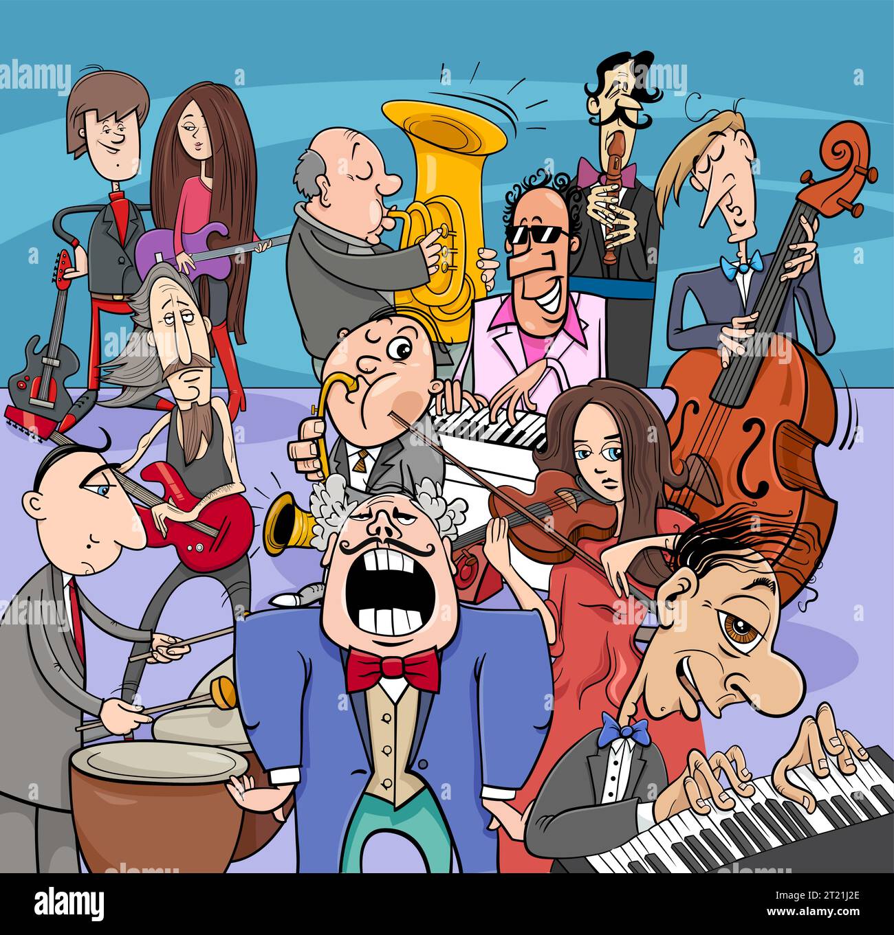 Cartoon illustration of musicians group or musical band with funny