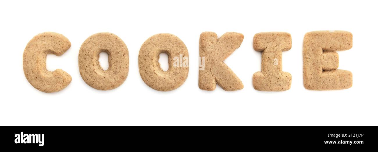 Isolated brown cookie word on white background. Stock Photo