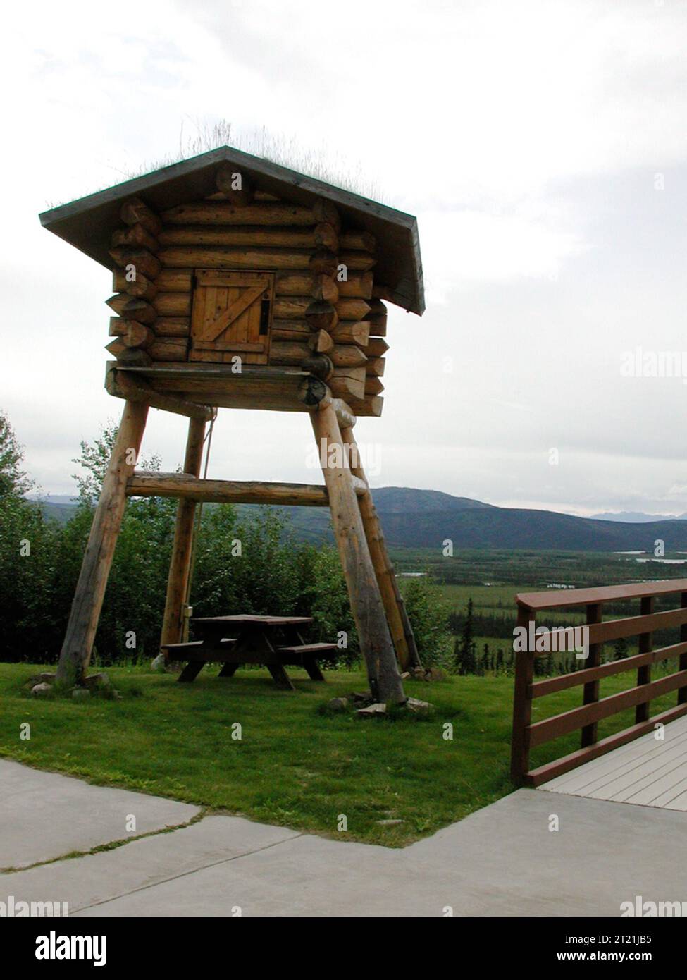 A wooden food cache structure outside Tetlin National Wildlife Refuge ...