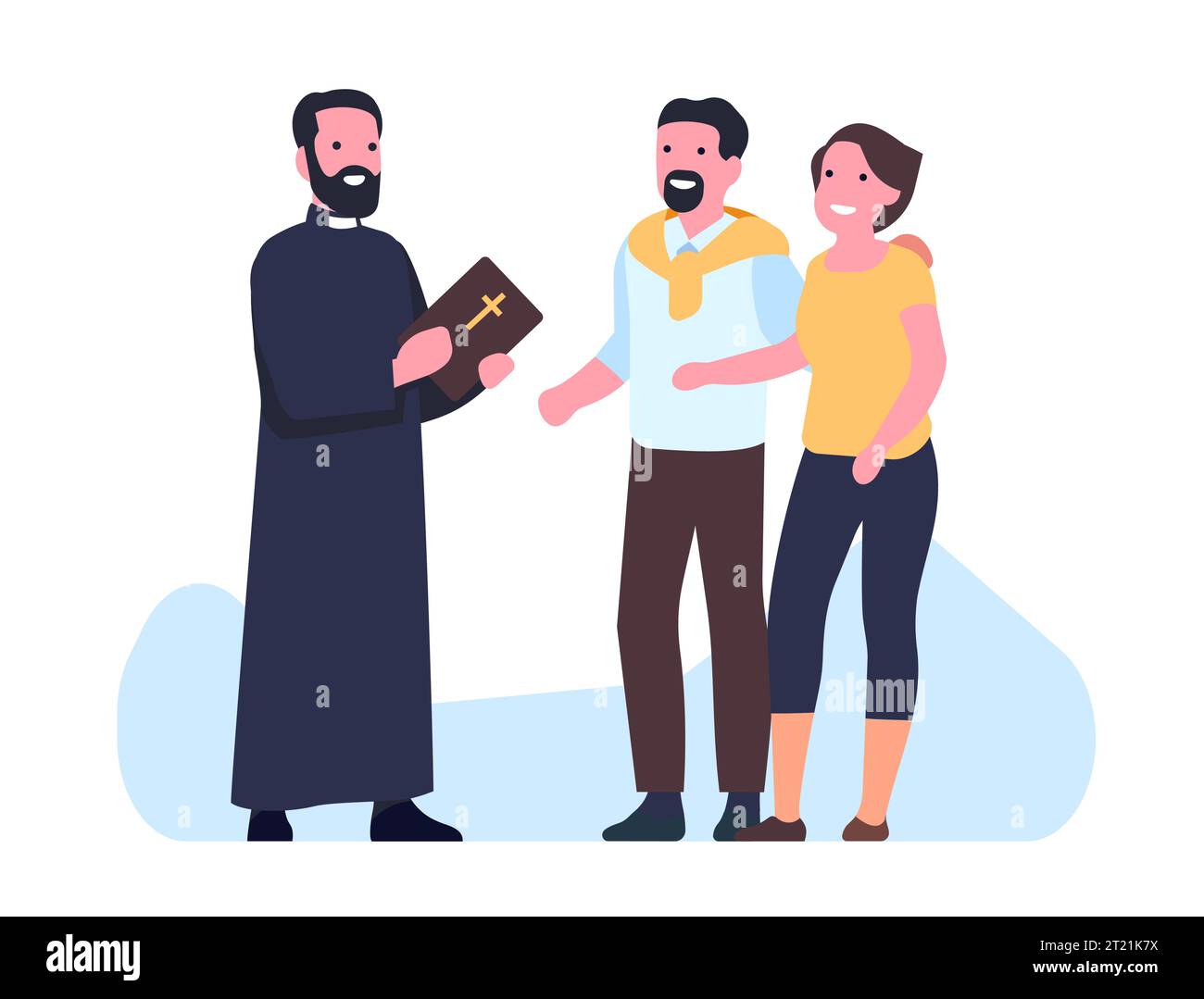 Couple at meeting with Catholic priest. Happy man and woman talking clergyman. Church parish. Christian religion. Prayers confess. Communication with Stock Vector