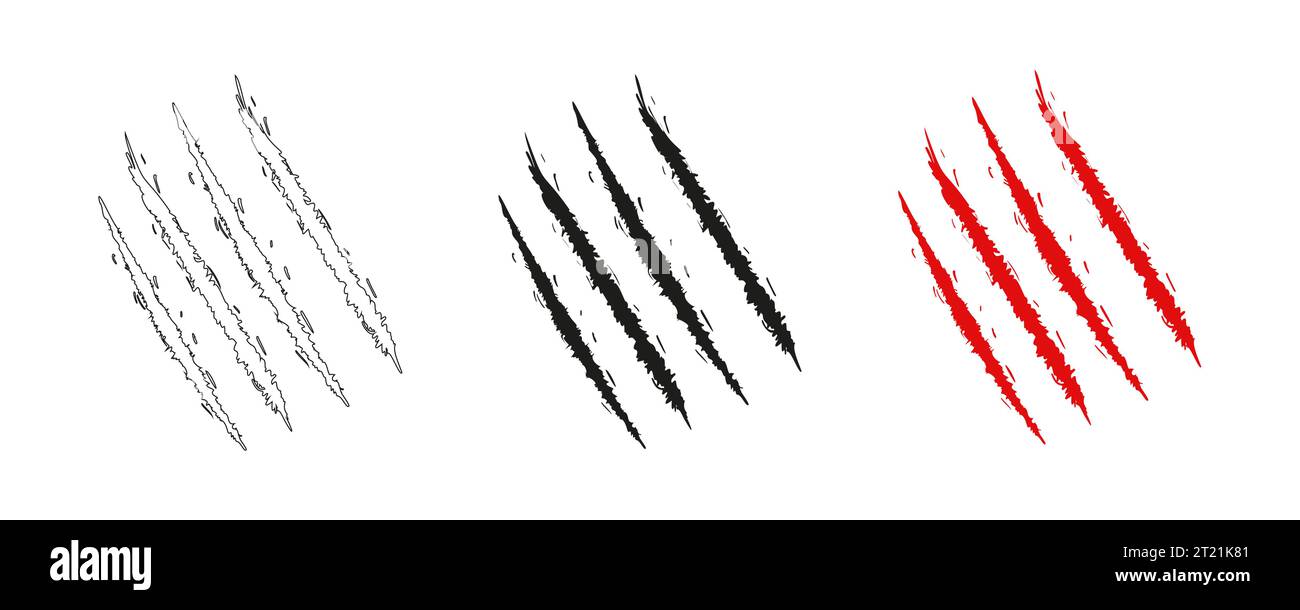 Animal claw scratches and marks. Set. Black and red bloody silhouettes and outline. Icon, flat. Vector isolated on white background. Scratches from a cat, tiger, lion, dog, jaguar, bear, puma, leopard Stock Vector