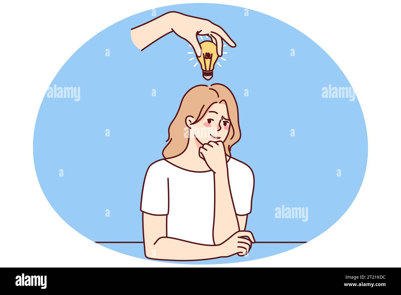 Frustrated woman with lightbulb above head thinking making solution. Consumed pensive businesswoman generate creative innovative idea. Vector illustration. Stock Vector