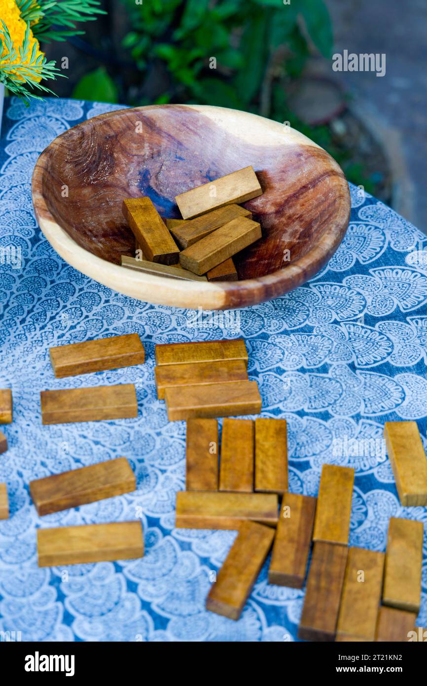 game wooden building blocks type jenga, popular at family parties Stock