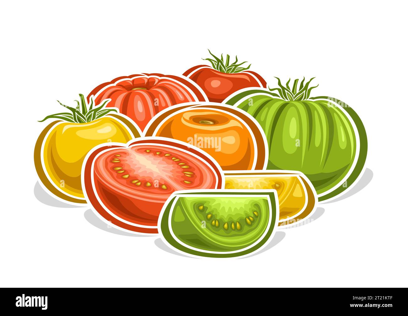 Vector logo for Tomatoes, decorative horizontal poster with outline illustration of colorful tomato composition with leaves, cartoon design veggie pri Stock Vector