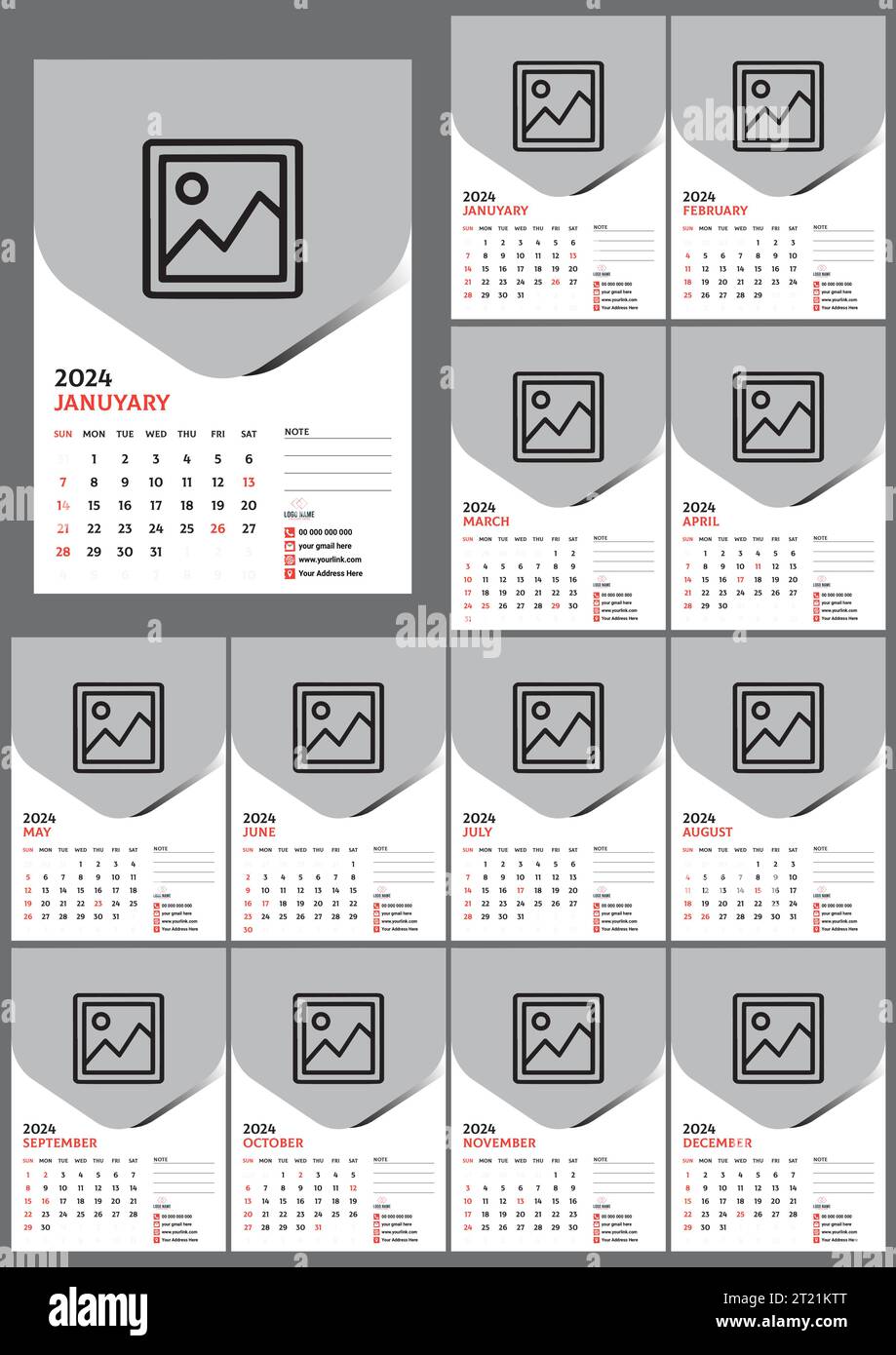 2024 12 Month Wall Calendar For India, With Official Holidays Vector Design Stock Vector