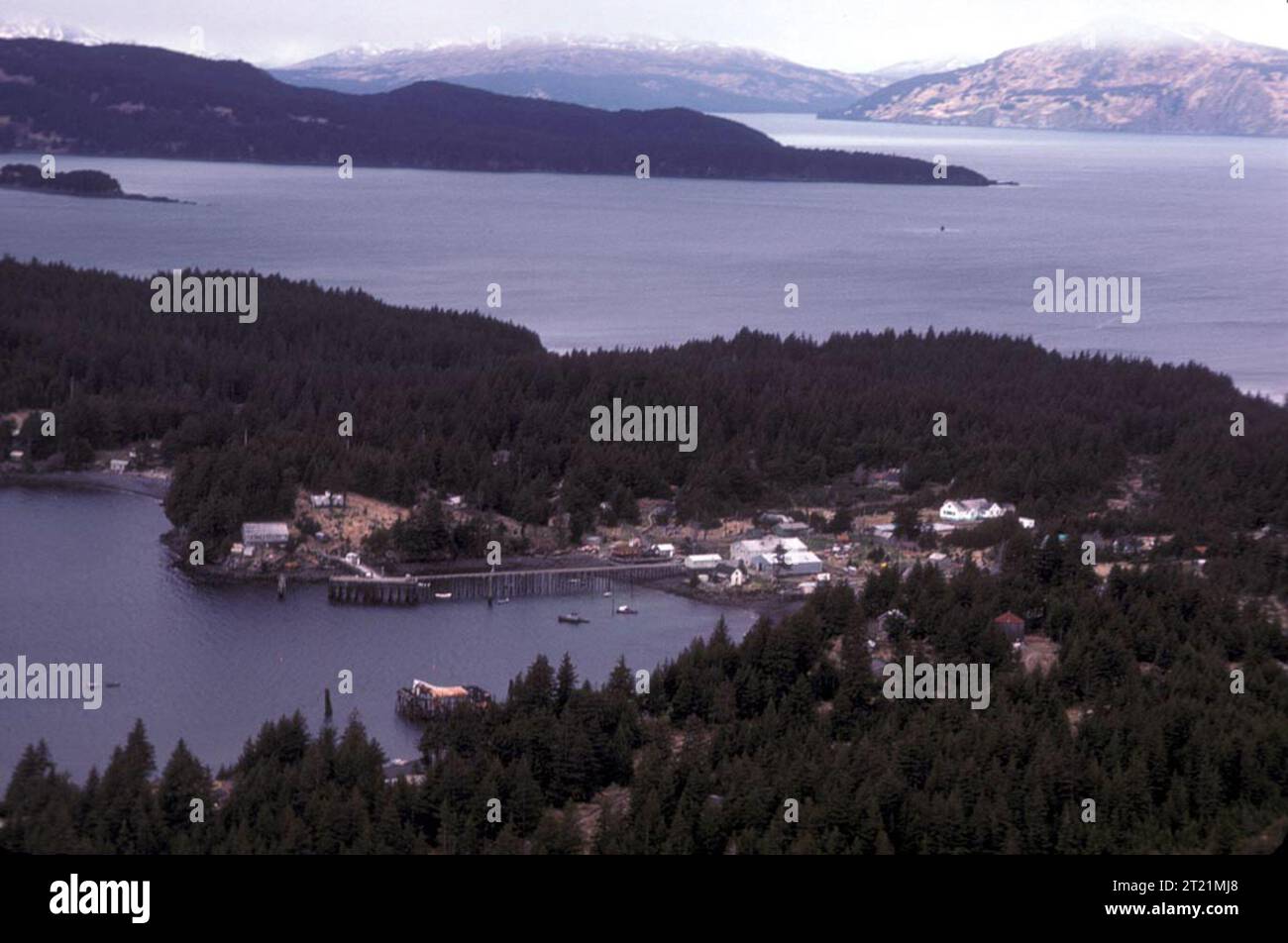 Ouzinkie is located on the west coast of Spruce Island, adjacent to Kodiak Island. It lies northwest of the City of Kodiak and 247 air miles southwest of Anchorage. Subjects: Villages; Villagess; Aerial photography photography; Alaska.  . 1998 - 2011. Stock Photo