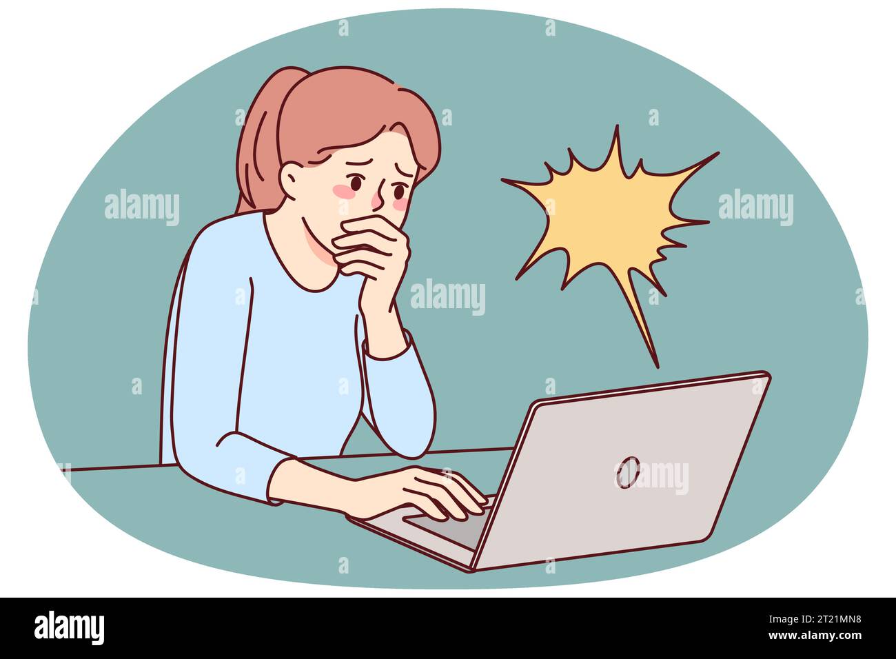 Stunned woman look at laptop screen feel shocked by unbelievable news online. Amazed girl surprised by mail or notification on computer. Vector illustration. Stock Vector