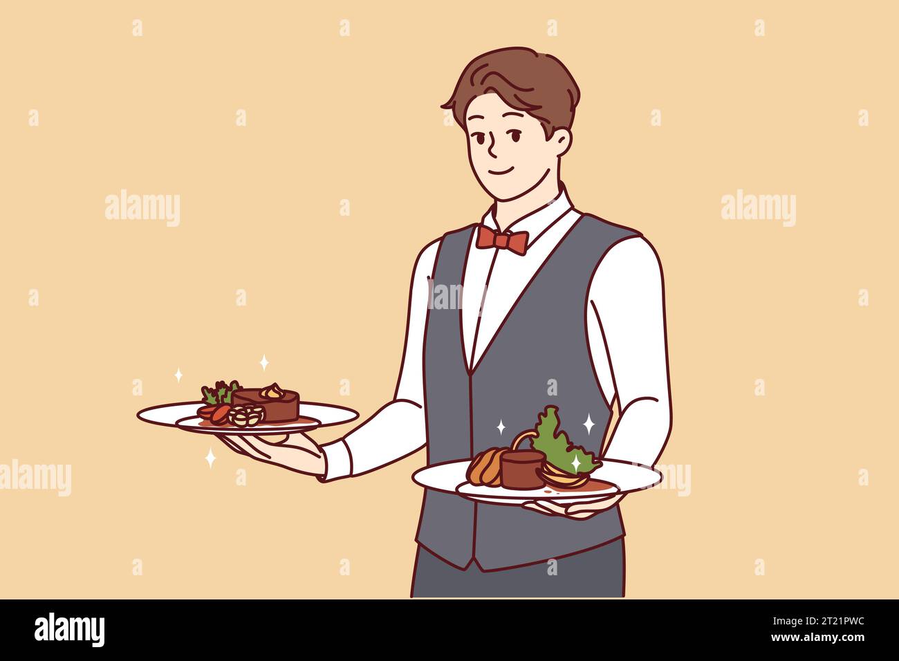 Man waiter holds plates of desserts and invites you to go to gourmet