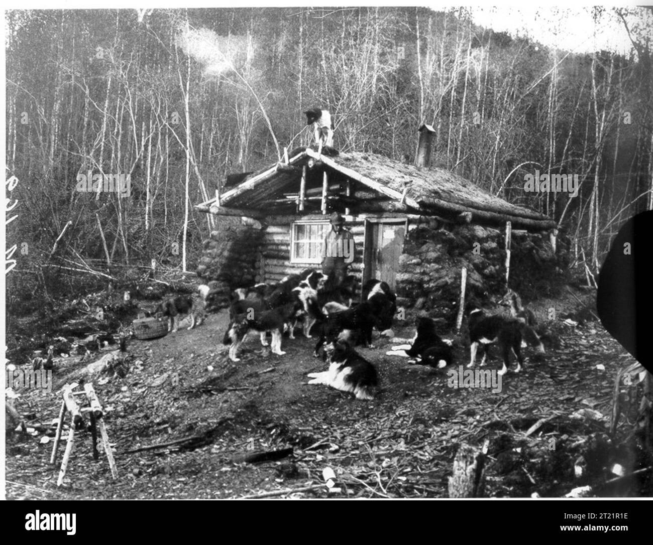 Man standing front log cabin Black and White Stock Photos & Images - Alamy