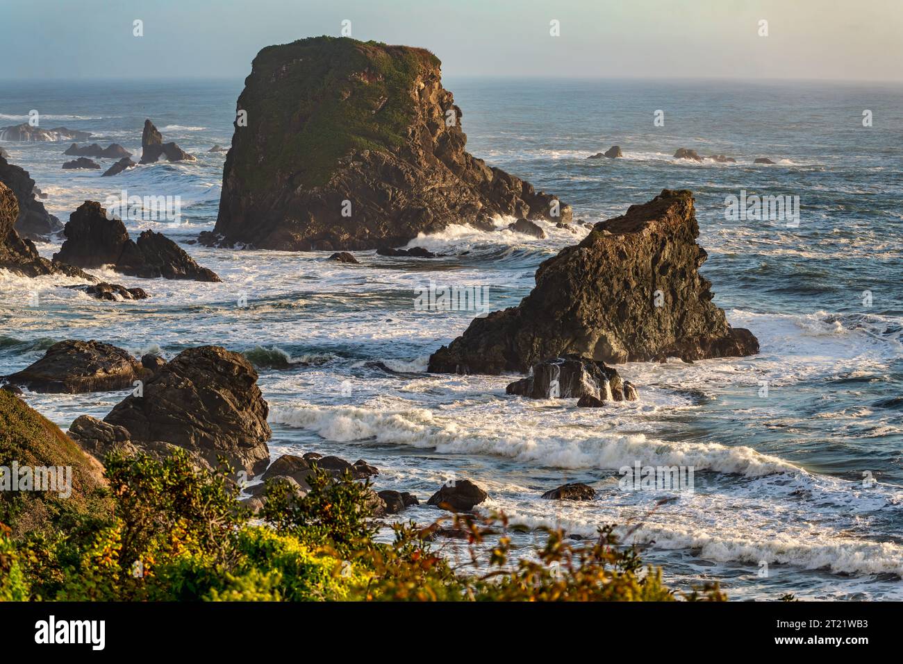 A view of land formations in the sea in Brookings, Oregon. Stock Photo