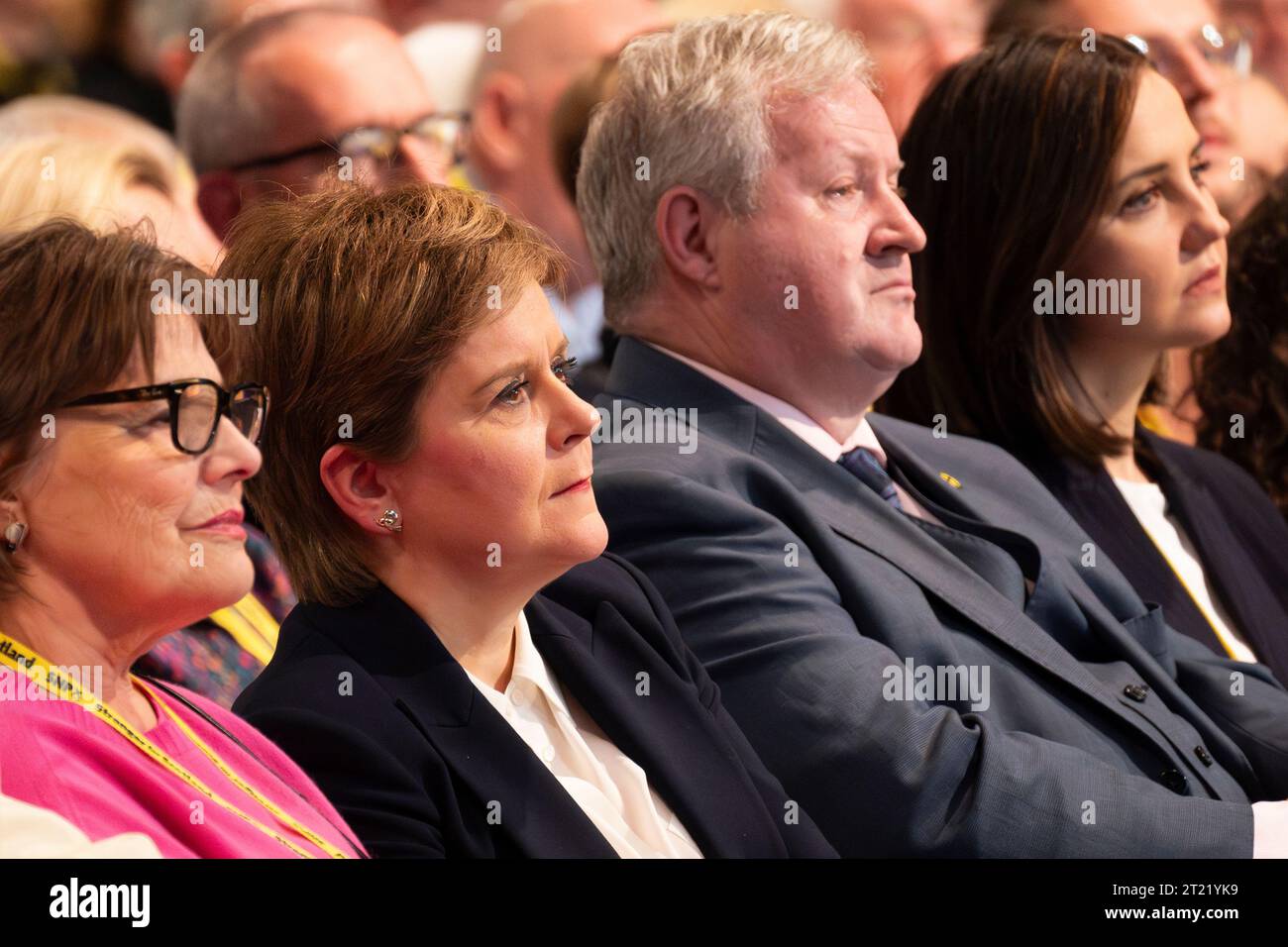 Aberdeen, Scotland, UK. 16th October 2023.  Day two of the SNP annual conference and former First Minister Nicola Sturgeon makes an appearance. A media frenzy followed before she made her way into the conference venue to listen to the afternoon’s proceedings. Iain Masterton/Alamy Live News Stock Photo