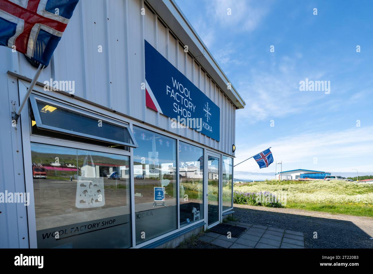 Hvammstangi, Iceland July 4, 2023 Outside the famous Kidka Wool