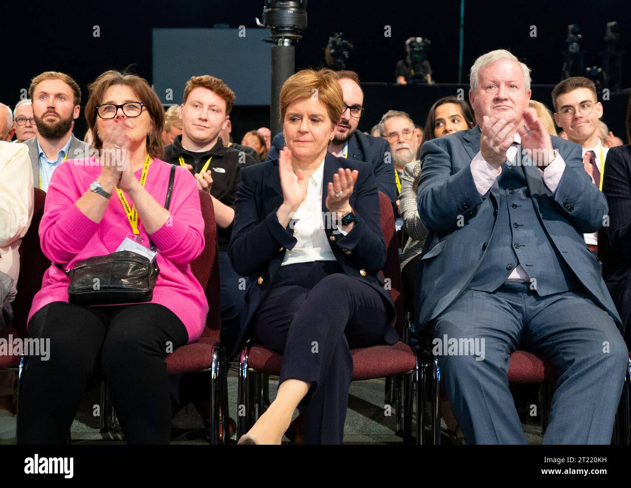 Aberdeen, Scotland, UK. 16th October 2023.  Day two of the SNP annual conference and former First Minister Nicola Sturgeon makes an appearance. A media frenzy followed before she made her way into the conference venue to listen to the afternoon’s proceedings. Iain Masterton/Alamy Live News Stock Photo