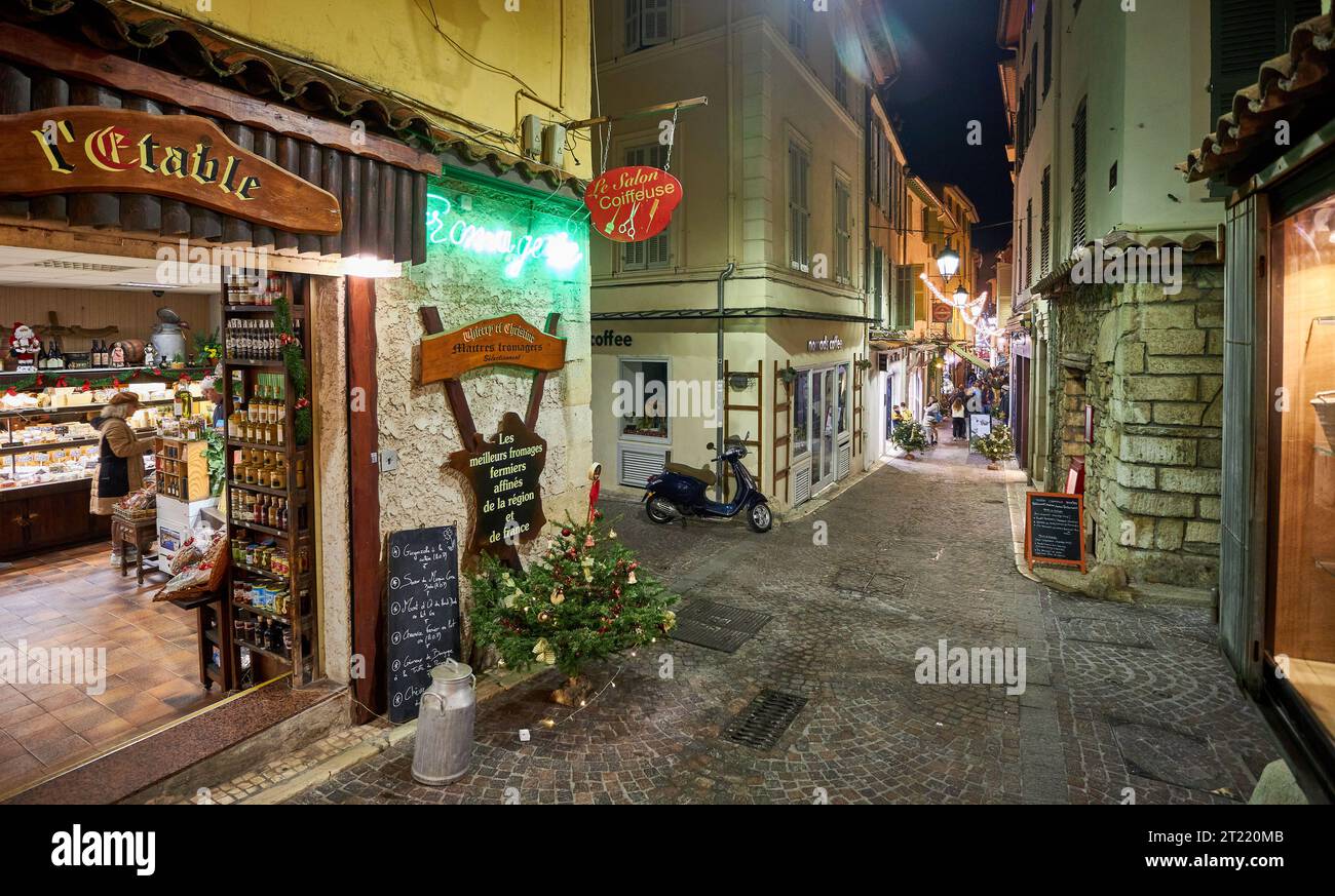 Antibes, France street scenes at Christmas with Christmas lights Stock Photo
