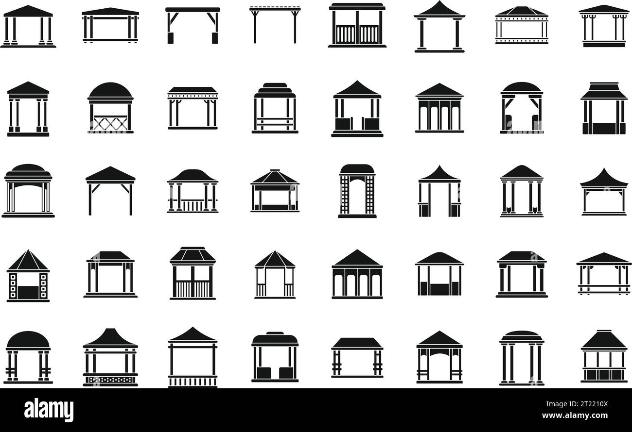 Pergola icons set simple vector. Gazebo park. Wooden alcove patio Stock Vector