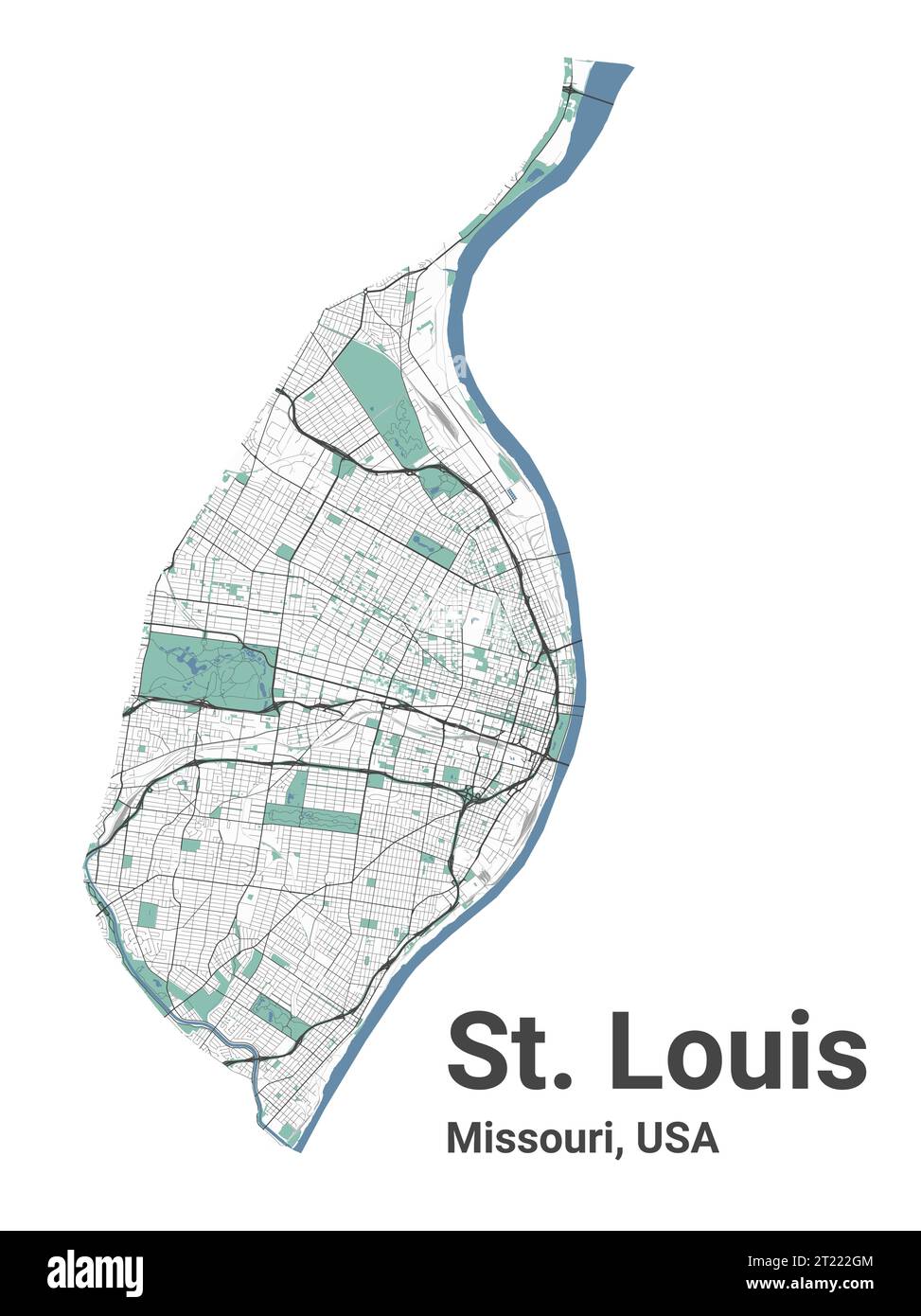 St. Louis map, Missouri, American city. Municipal administrative area map with rivers and roads, parks and railways. Vector illustration. Stock Vector