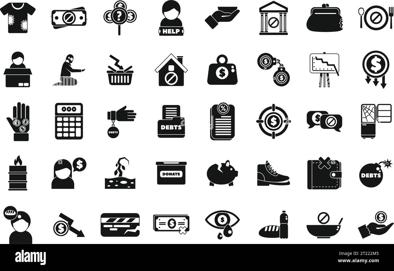 Poverty icons set simple vector. Charity donate help. Worker people social Stock Vector