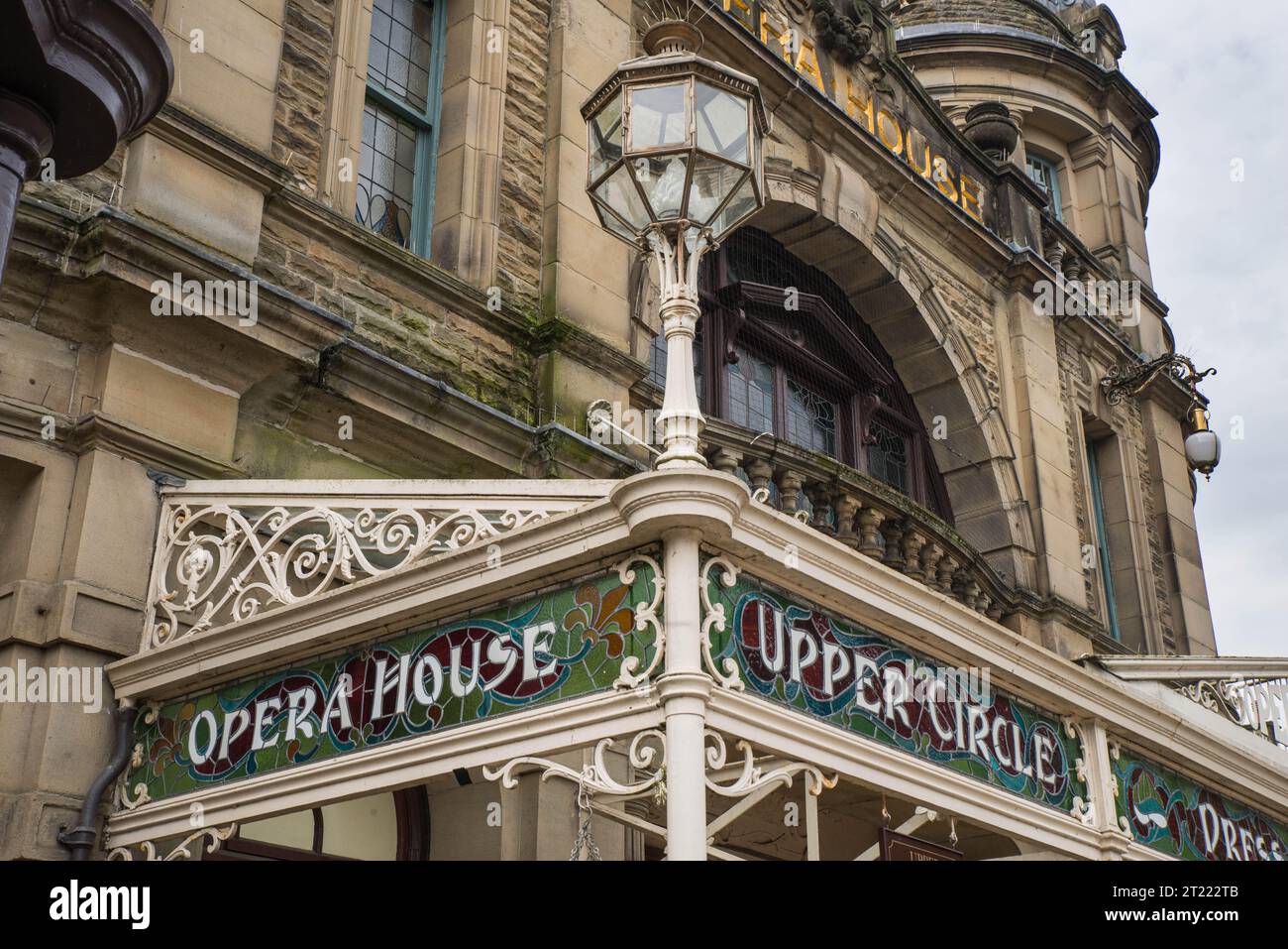 The Edwardian cast iron and coloured glass canopy of the Opera House at Buxton, Derbyshire, England Stock Photo