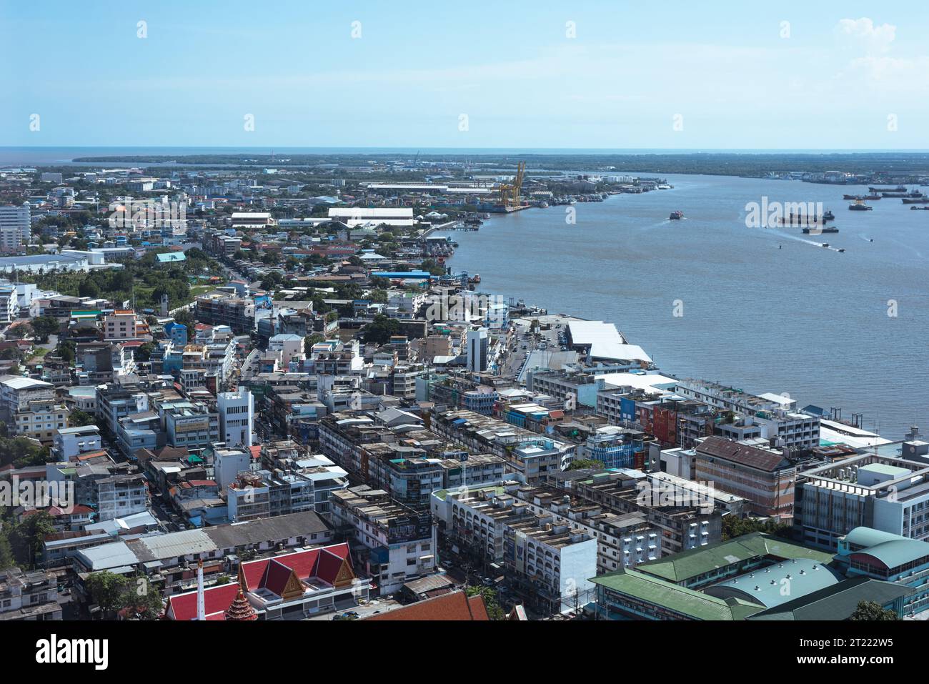 Samut Prakan, Thailand - September 3, 2023: a view of the city, the Chao Phraya River's mouth and Gulf of Thailand on horizon from Samut Prakan Tower. Stock Photo