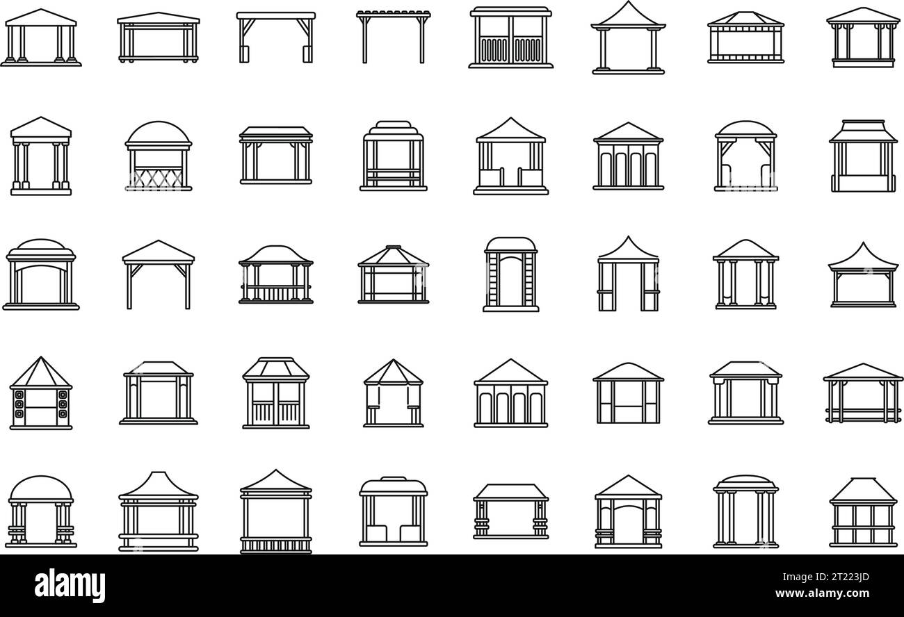 Pergola icons set outline vector. Gazebo park. Wooden alcove patio Stock Vector
