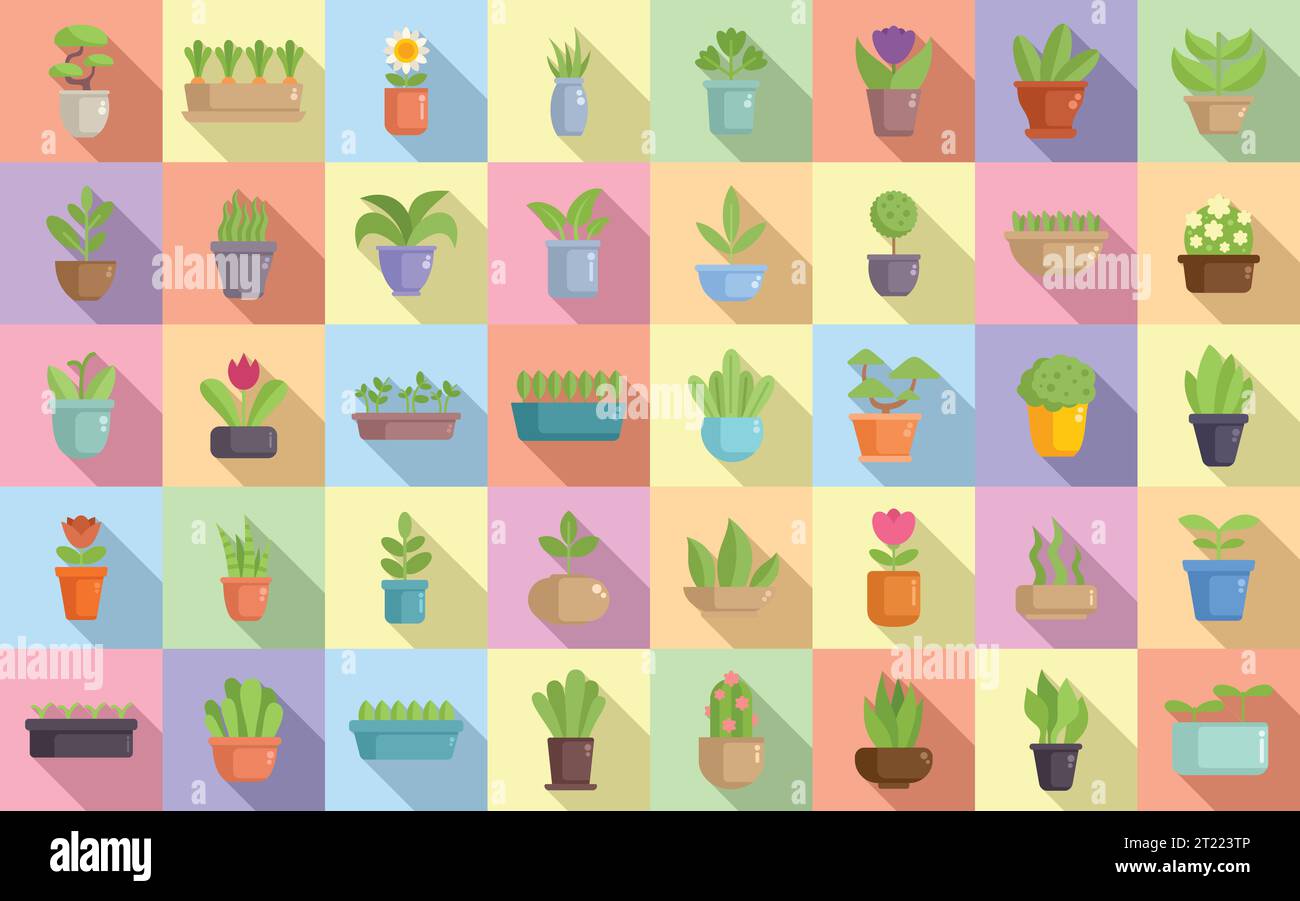 Garden on a windowsill icons set flat vector. Apartment blossom plant. Agriculture herb Stock Vector