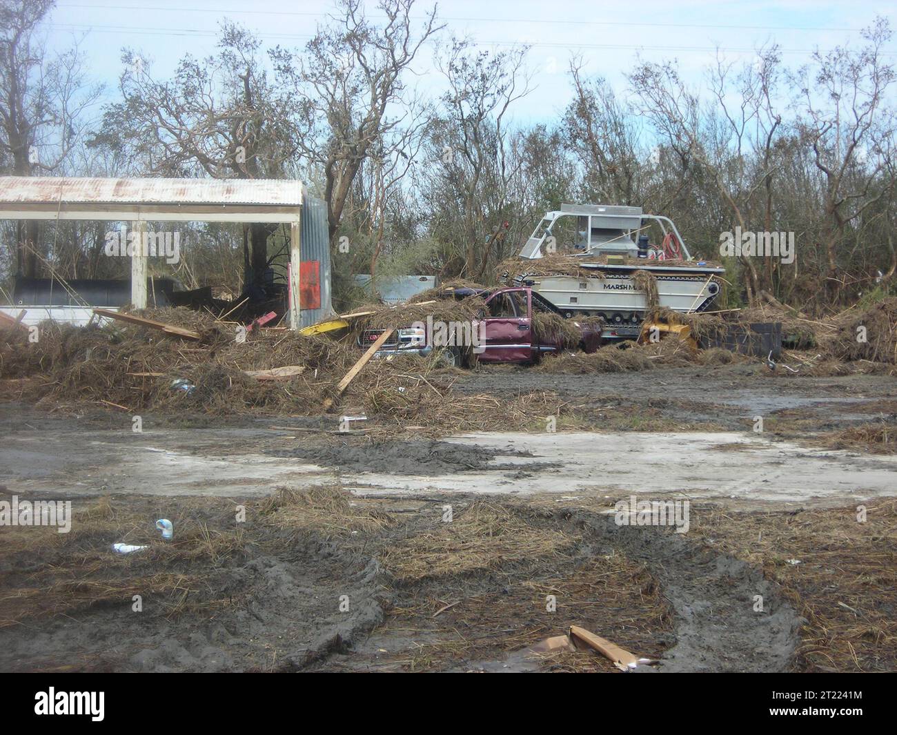 A view of some of the damage to propertyon the refuge, caused by hurricane Ike. Subjects: Aquatic environments; Automobiles; Buildings, facilities and structures; Climate effects; Coastal environments; Contaminants; Ecosystem recovery; Environmental quality; Environments (Natural); Equipment; Pollution; Pollution cleanup; Pollution control; Re. Location: Texas. Fish and Wildlife Service Site: ANAHUAC NATIONAL WILDLIFE REFUGE. Stock Photo