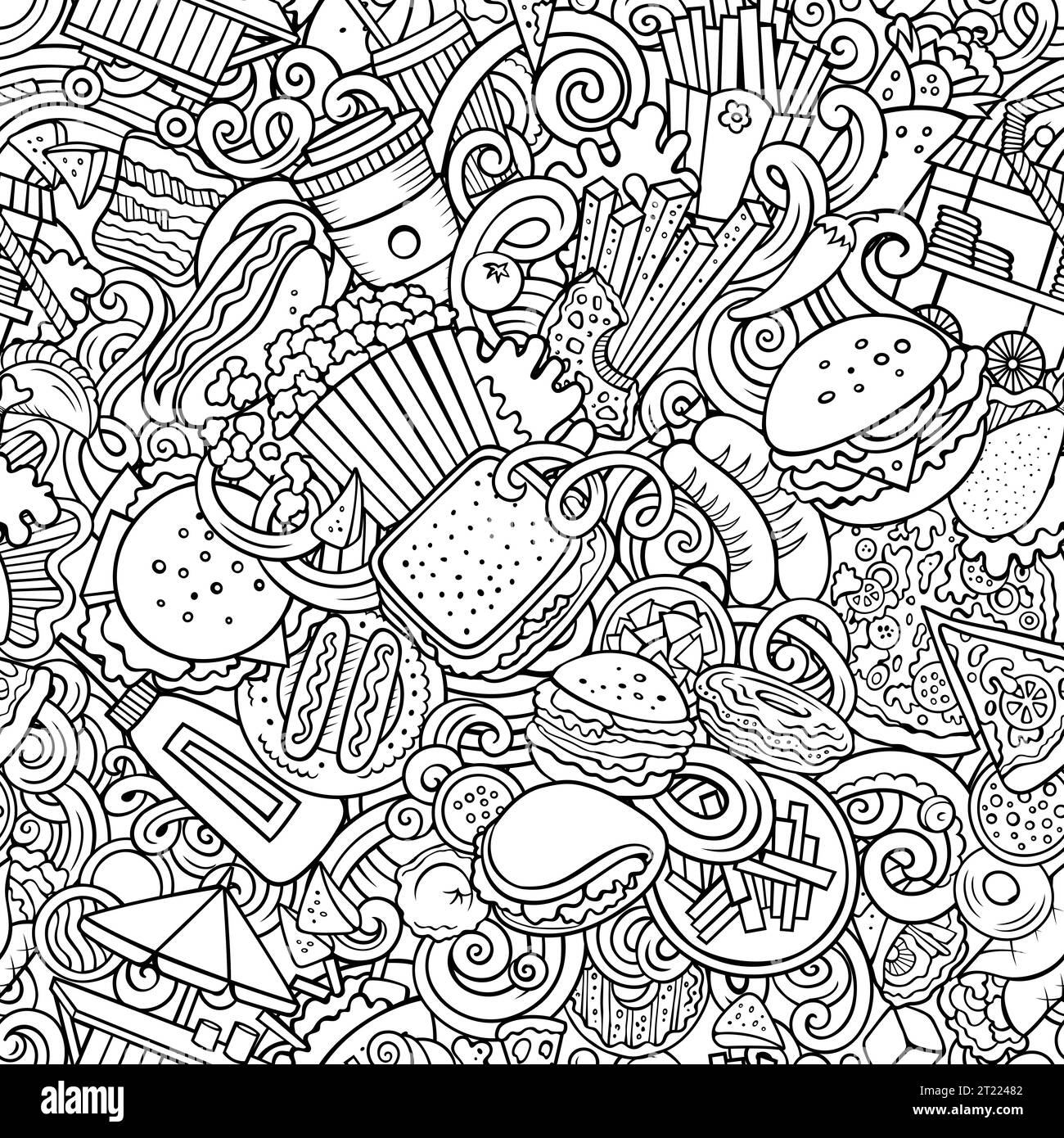 Cartoon doodle seamless pattern features a variety of Fastfood objects and symbols. Whimsical playful Junk food sketchy background for print on fabric Stock Vector
