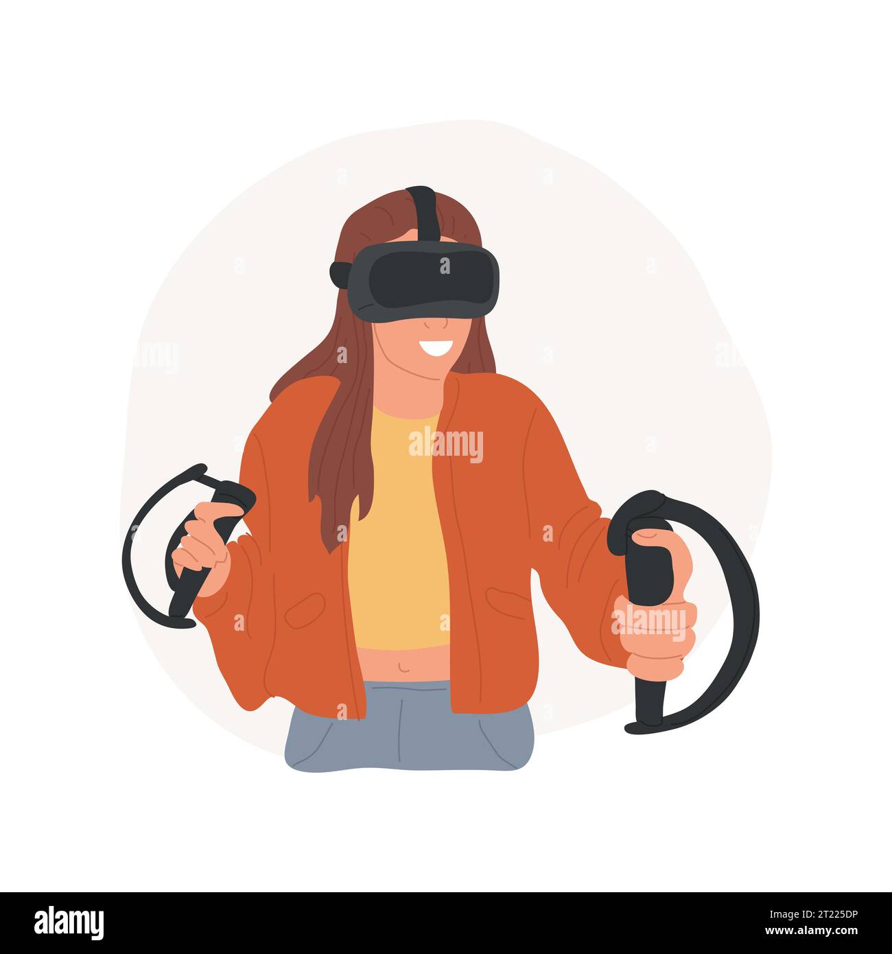 Hand VR controller isolated cartoon vector illustration. Excited teen girl in glasses playing video games, holding vr controller, home entertainment, augmented reality headset vector cartoon. Stock Vector