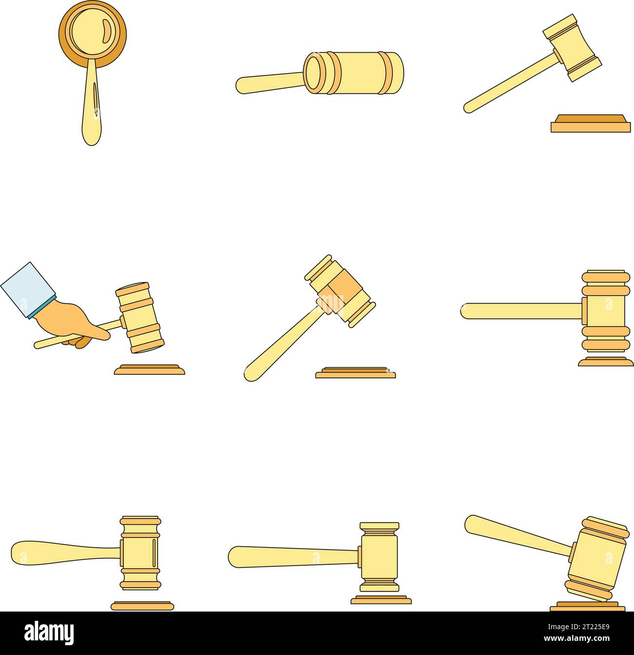 Judge hammer icons set. Outline illustration of 9 judge hammer vector