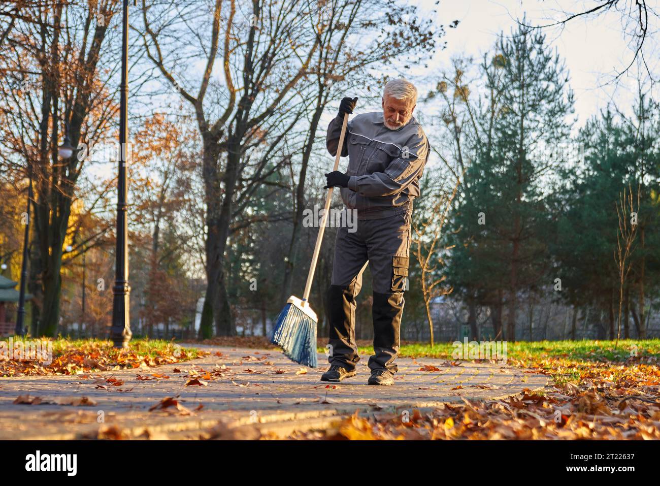 Maintenance worker cleaning roads and alleys with plastic garden broom. Bottom view of focused male gardener sweeping sideway with broom at sunny day, with copy space. Seasonal work concept. Stock Photo