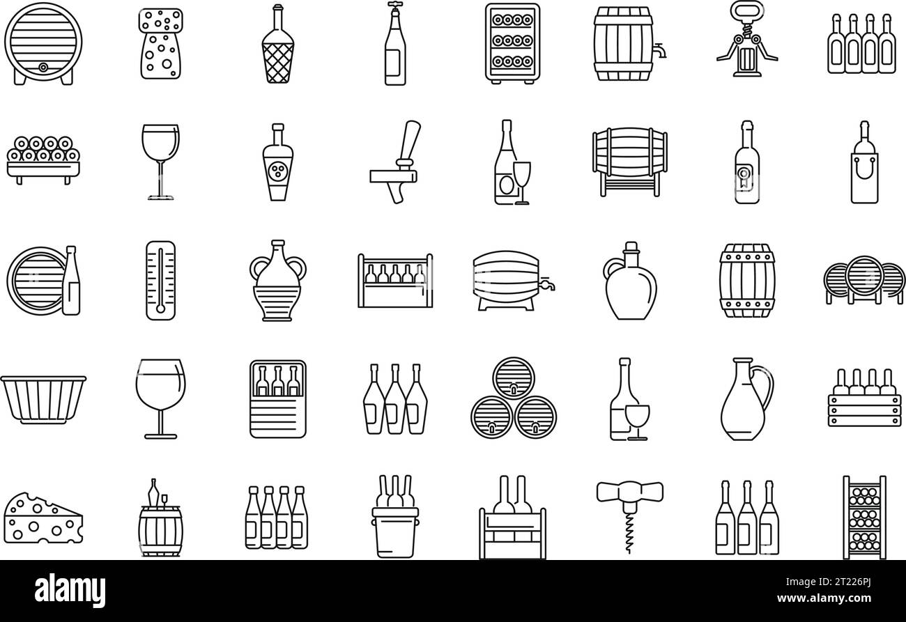 Wine cellar icons set outline vector. Barrel keg. Cellar wine rack
