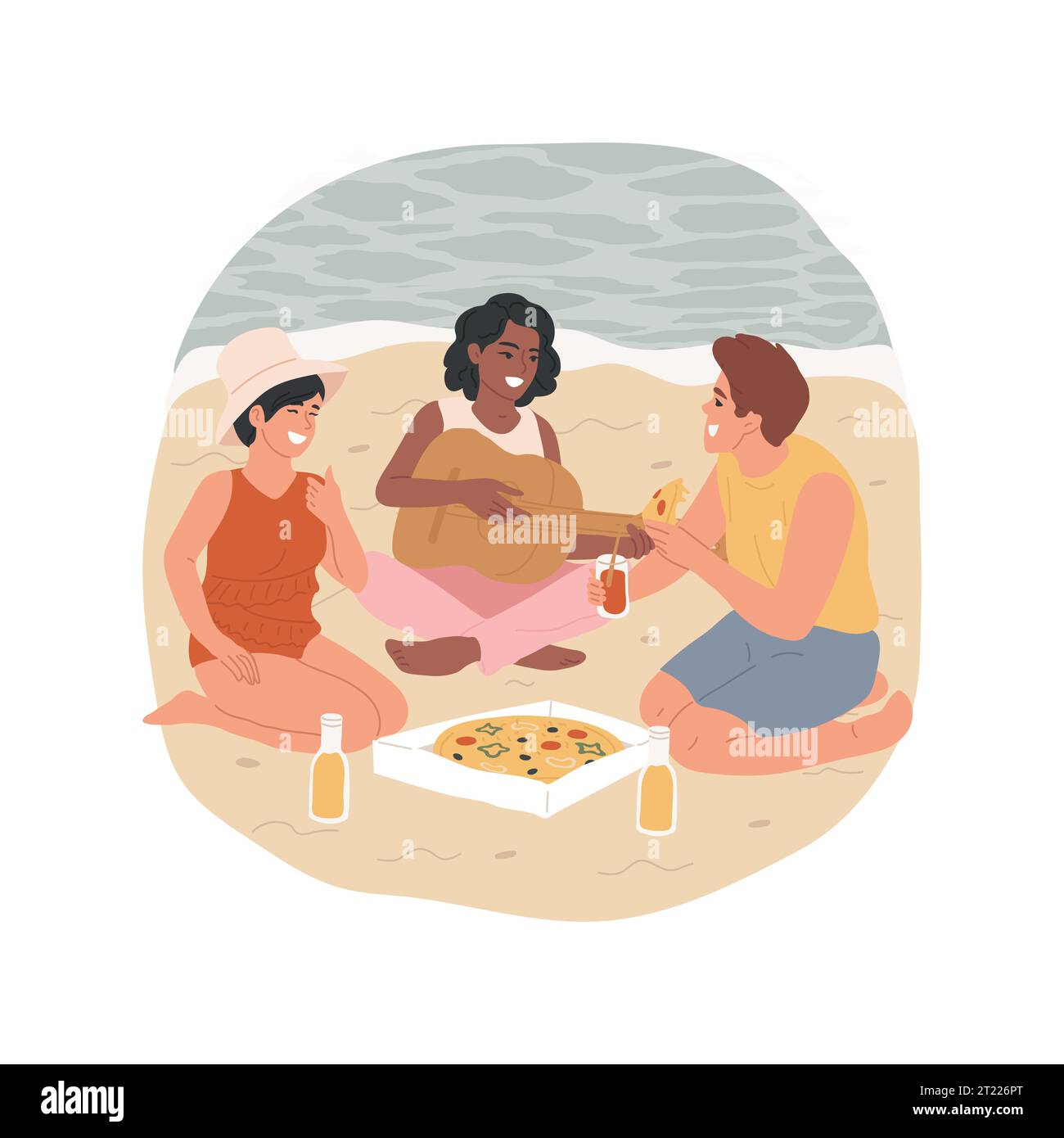 Picnic isolated cartoon vector illustration. Hanging out with friends on picnic, leisure time outdoors, group sitting on sand, playing guitar, making bonfire, summer activity vector cartoon. Stock Vector