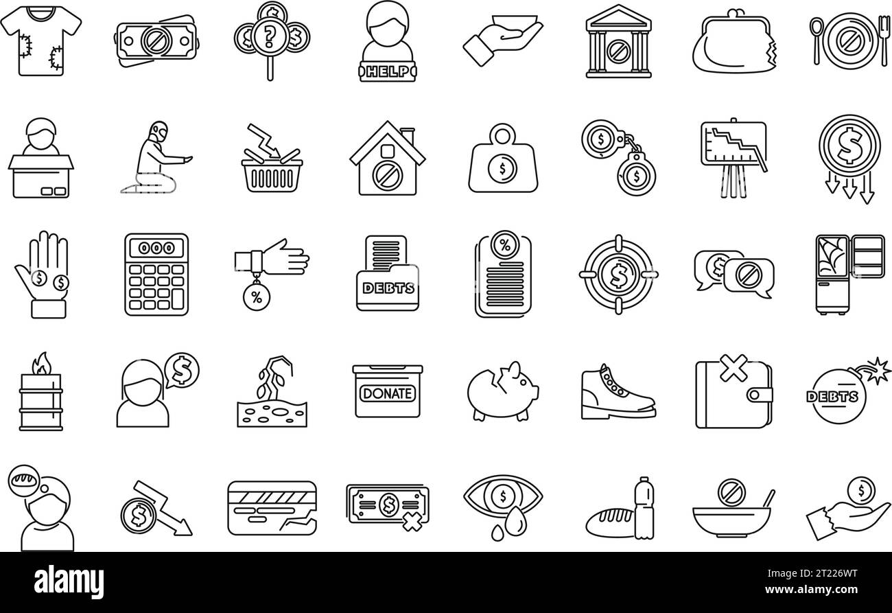 Poverty icons set outline vector. Charity donate help. Worker people social Stock Vector