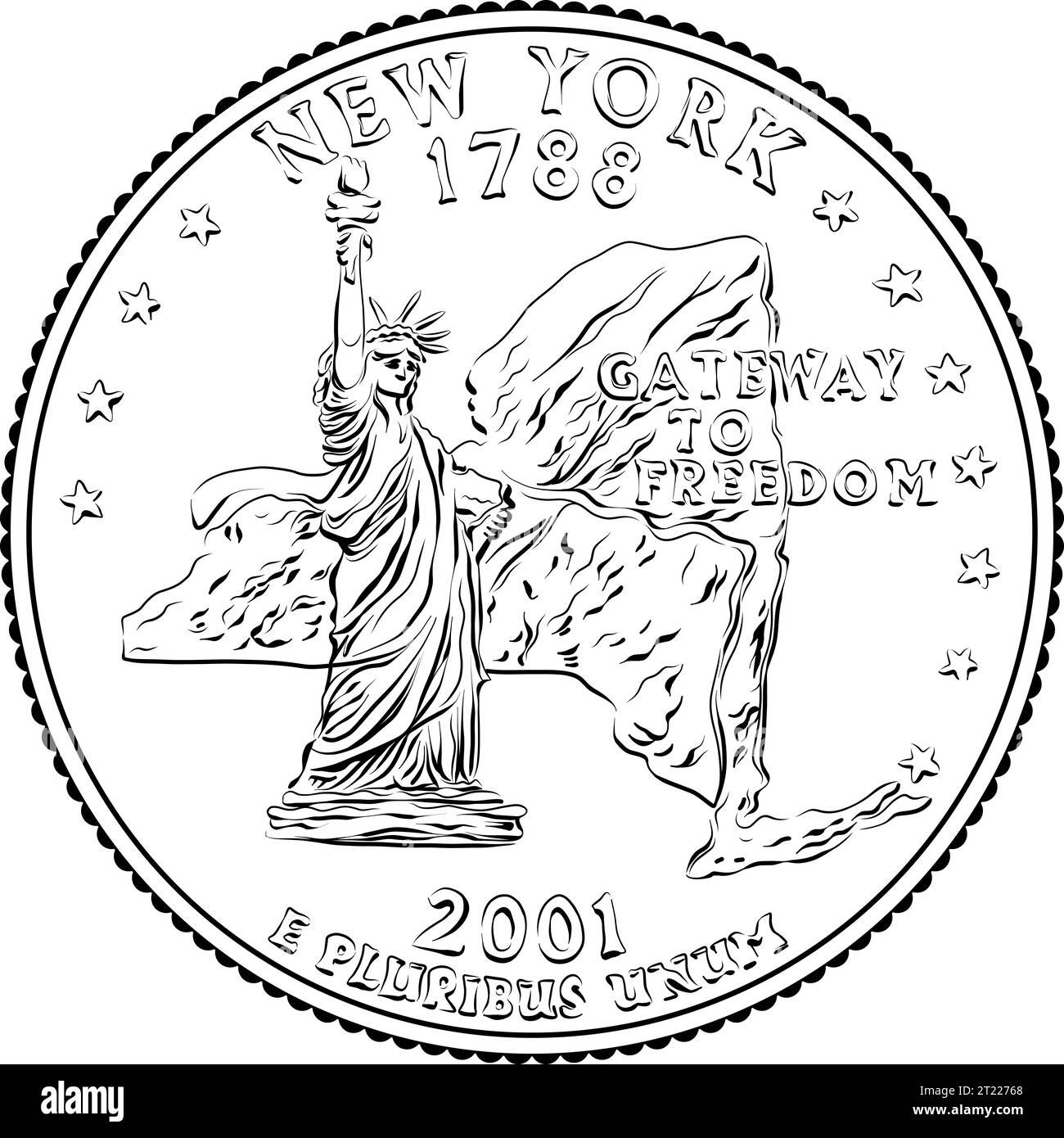American money, USA Washington quarter dollar New York, Liberty on reverse. Black and white image Stock Vector