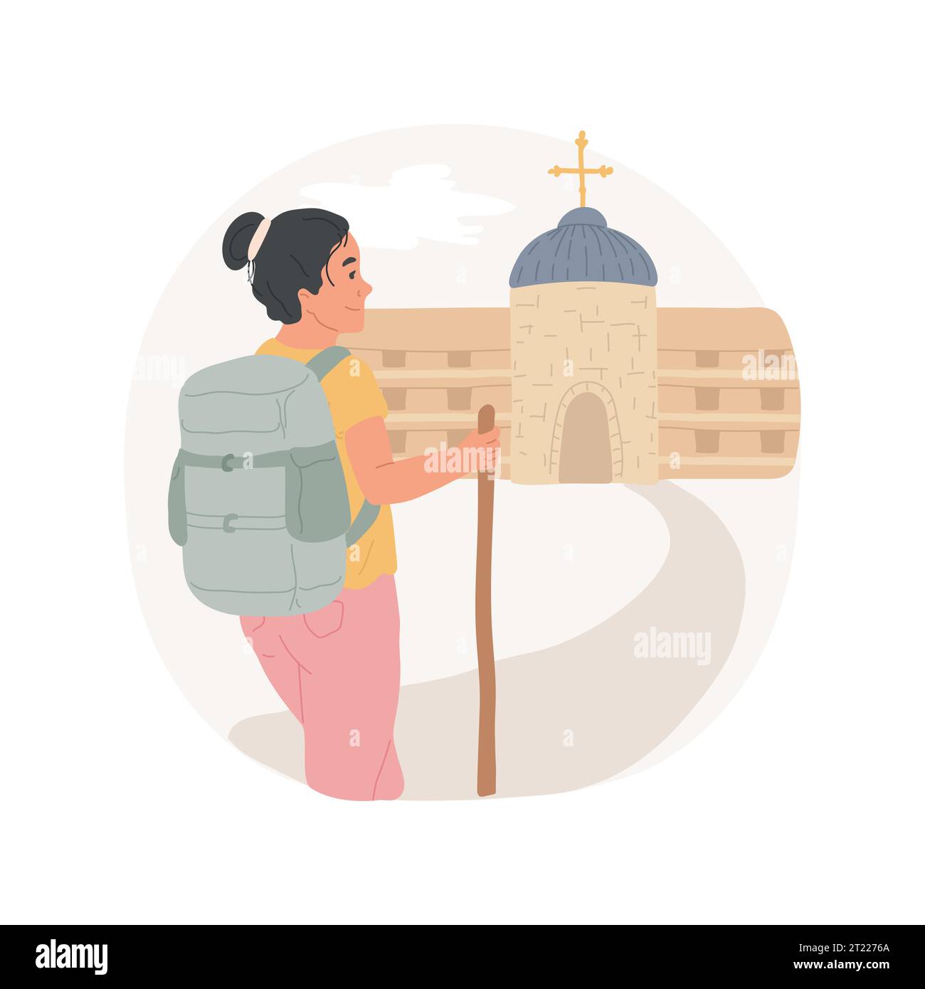 Pilgrim way isolated cartoon vector illustration. Young woman making religious pilgrimage, holy and worship place, Christian rituals, spiritual practices, finding relics vector cartoon. Stock Vector