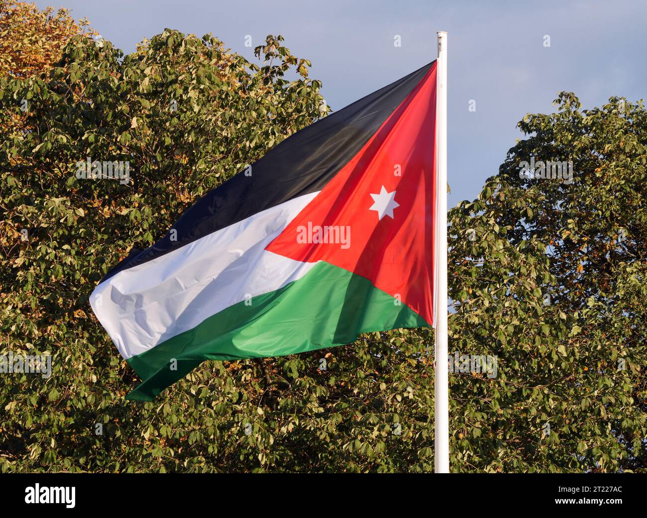 Berlin, Germany. 16th Oct, 2023. The flag of Jordan flies in front of