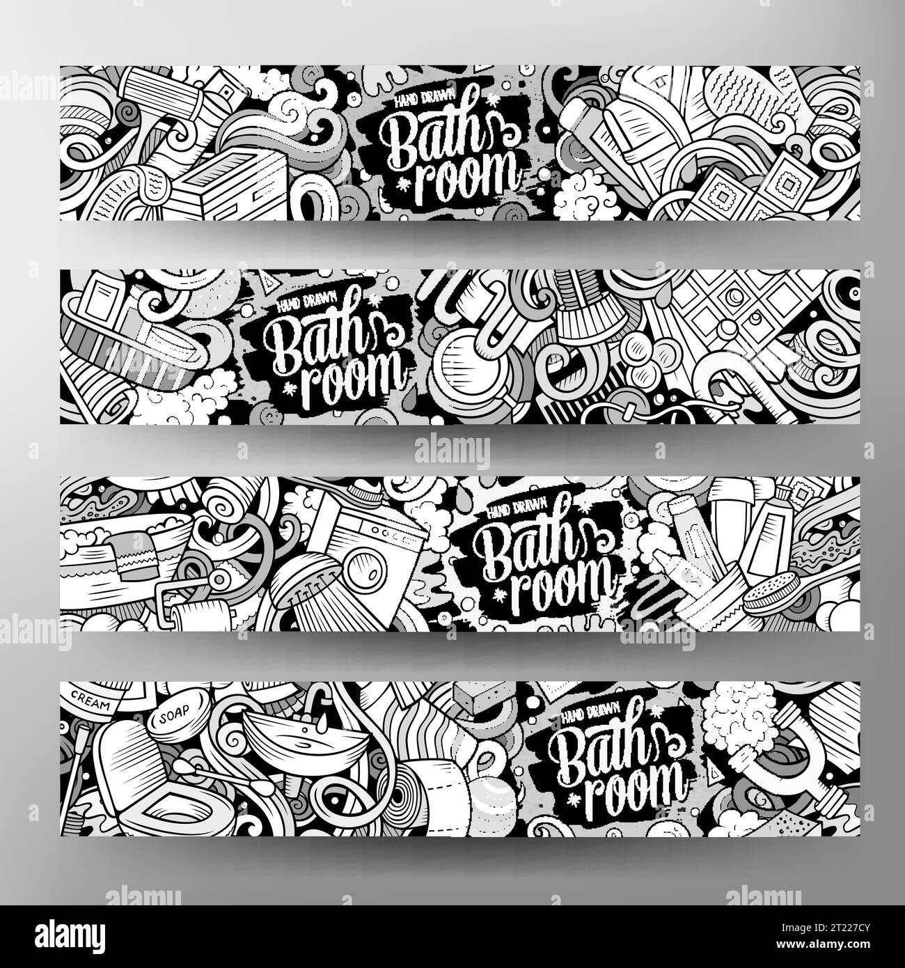 Bathroom doodle banners set. Cartoon detailed Bath identity with objects and symbols. Line art vector template illustration Stock Vector
