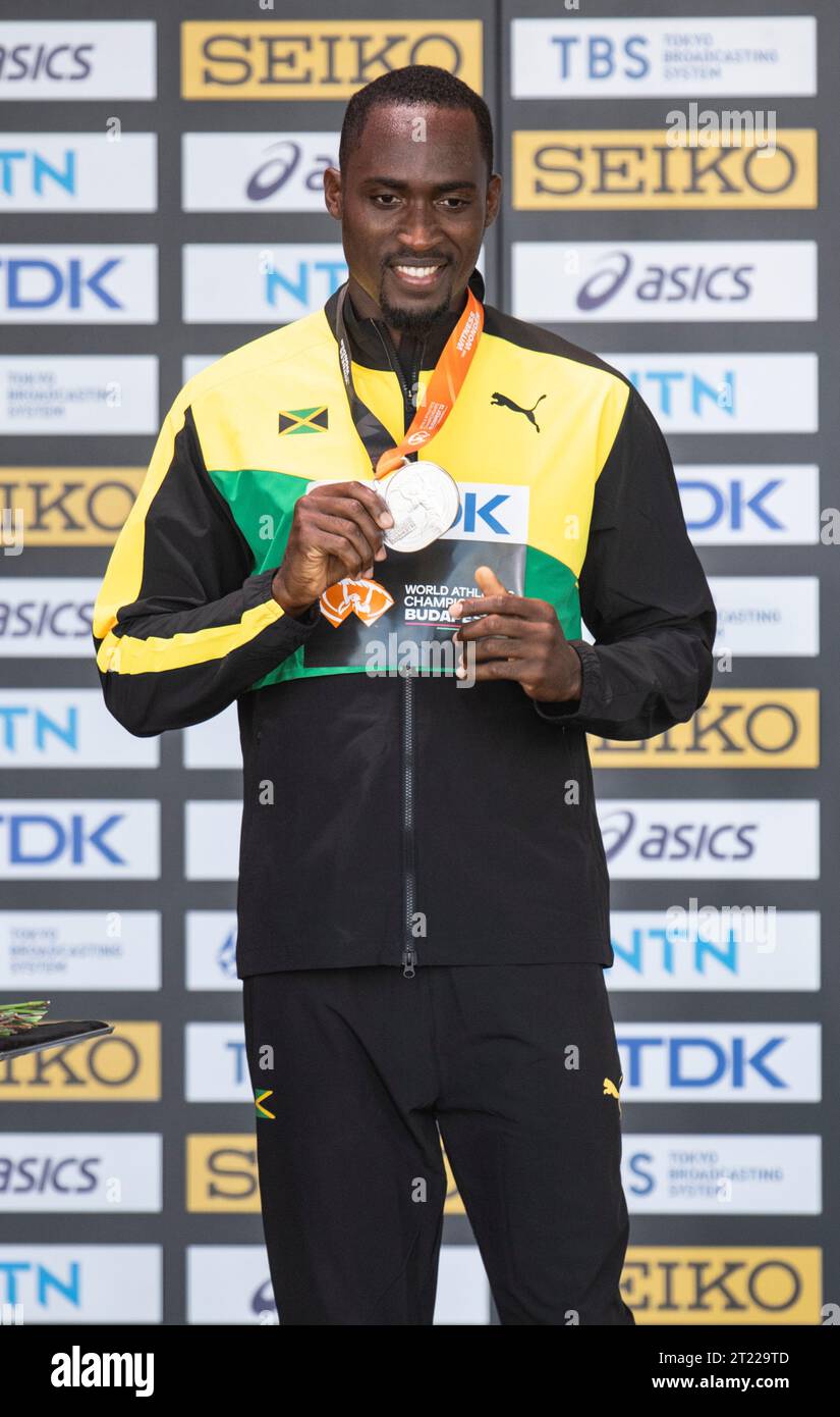 Hansle Parchment of Jamaica silver medal ceremony in the men’s 110m