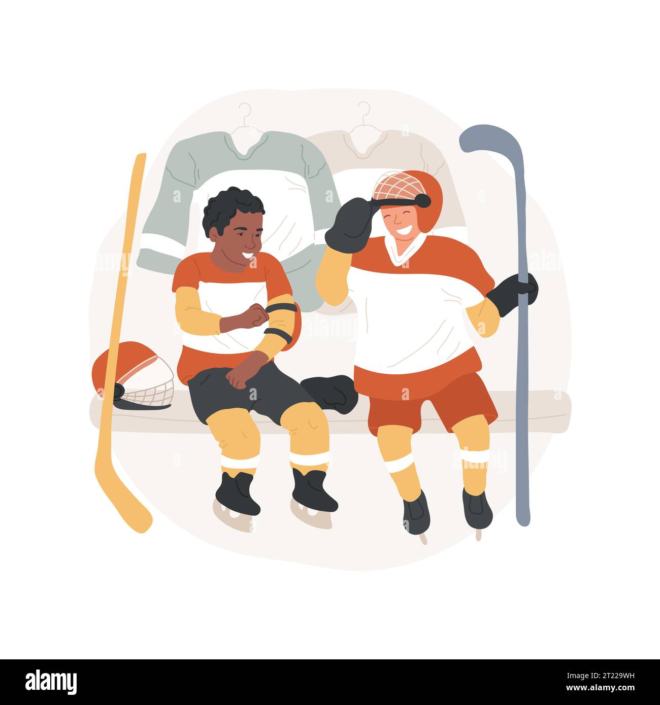 Ice Hockey training isolated cartoon vector illustration. Teenage ice hockey players talking in changing room after training, team sport spirit, young peoeple communication vector cartoon. Stock Vector