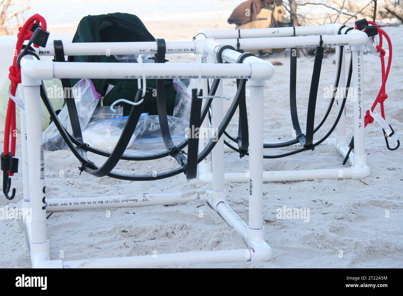 Port St. Joe, FL: Specially designed contraptions used to carry sea turtle eggs that have been placed in Styrofoam coolers. Subjects: Deepwater Horizon Oil Spill; Relocation; Reptiles; Volunteers. Location: Florida. Stock Photo