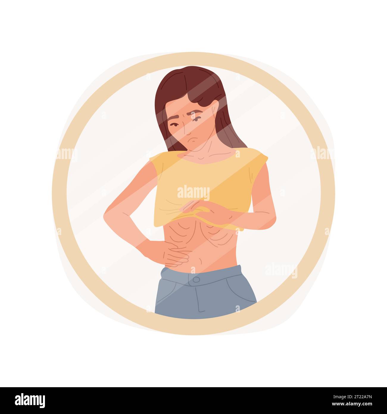 Anorexia isolated cartoon vector illustration. Lean girl protruding ribs looking at mirror reflection, teenager with eating disorders, very slim teen having anorexia vector cartoon. Stock Vector