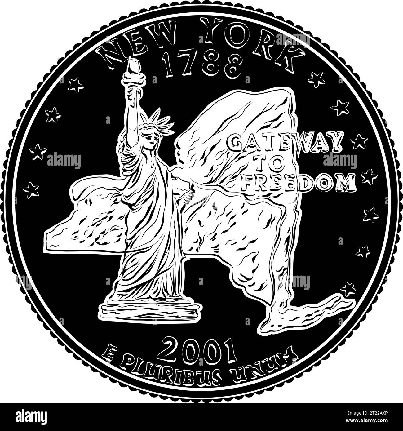 American money, USA Washington quarter dollar New York, Liberty on reverse. Black and white image Stock Vector