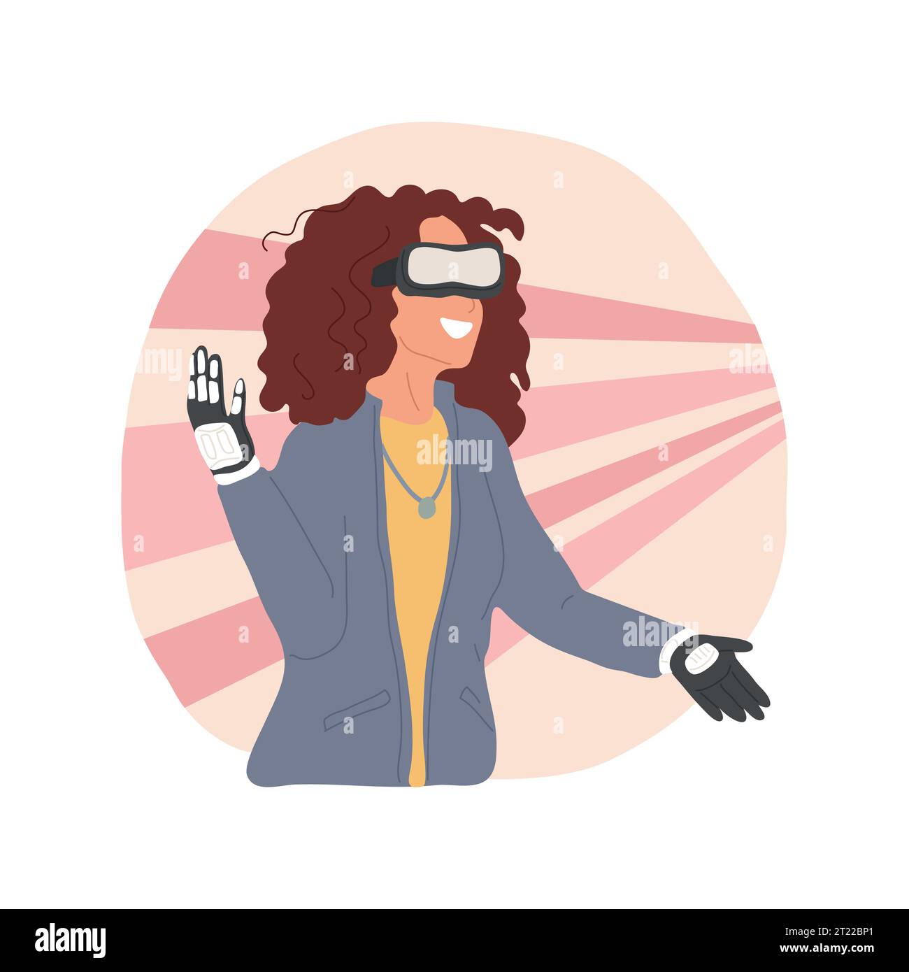 VR gloves isolated cartoon vector illustration. Young teenage girl in vr gloves using augmented reality glasses, playing video games, home entertainment, neon lighting vector cartoon. Stock Vector