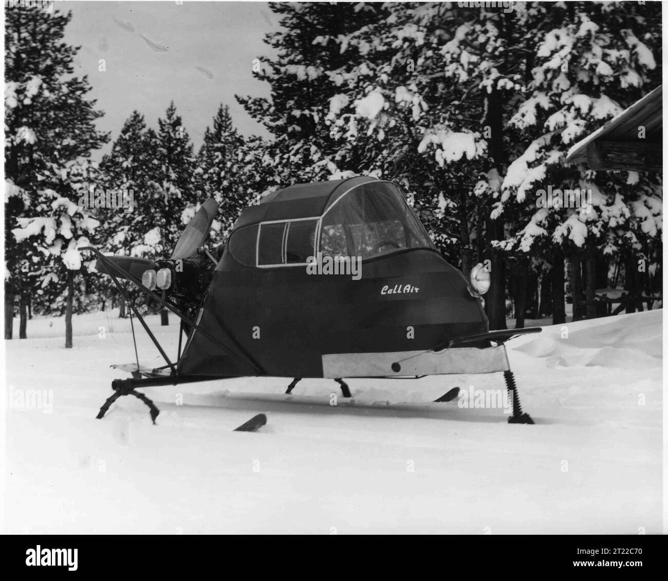 Snow-sled or 'snow-mobile' vehicle used by Denver Laboratory in furbearer-poison station research during winter at high altitudes. Has an 85 h.p. continental motor, 3-bladed propeller and built for two persons. Manufactured by the Call-Air Company of. Subjects: History; Vehicles; Wildlife Refuges. Location: Colorado.   Collection: Wildlife Refuges. Stock Photo